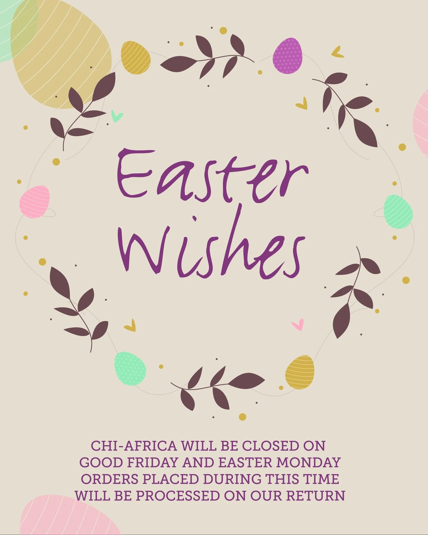 Warm Easter wishes from Chi-Africa. 
We will be closed on Good Friday and Easter Monday. As always, our website will be open for orders! All orders received during the long weekend will be processed on Tuesday 7th April. 
#easter #gardengifts #smallb