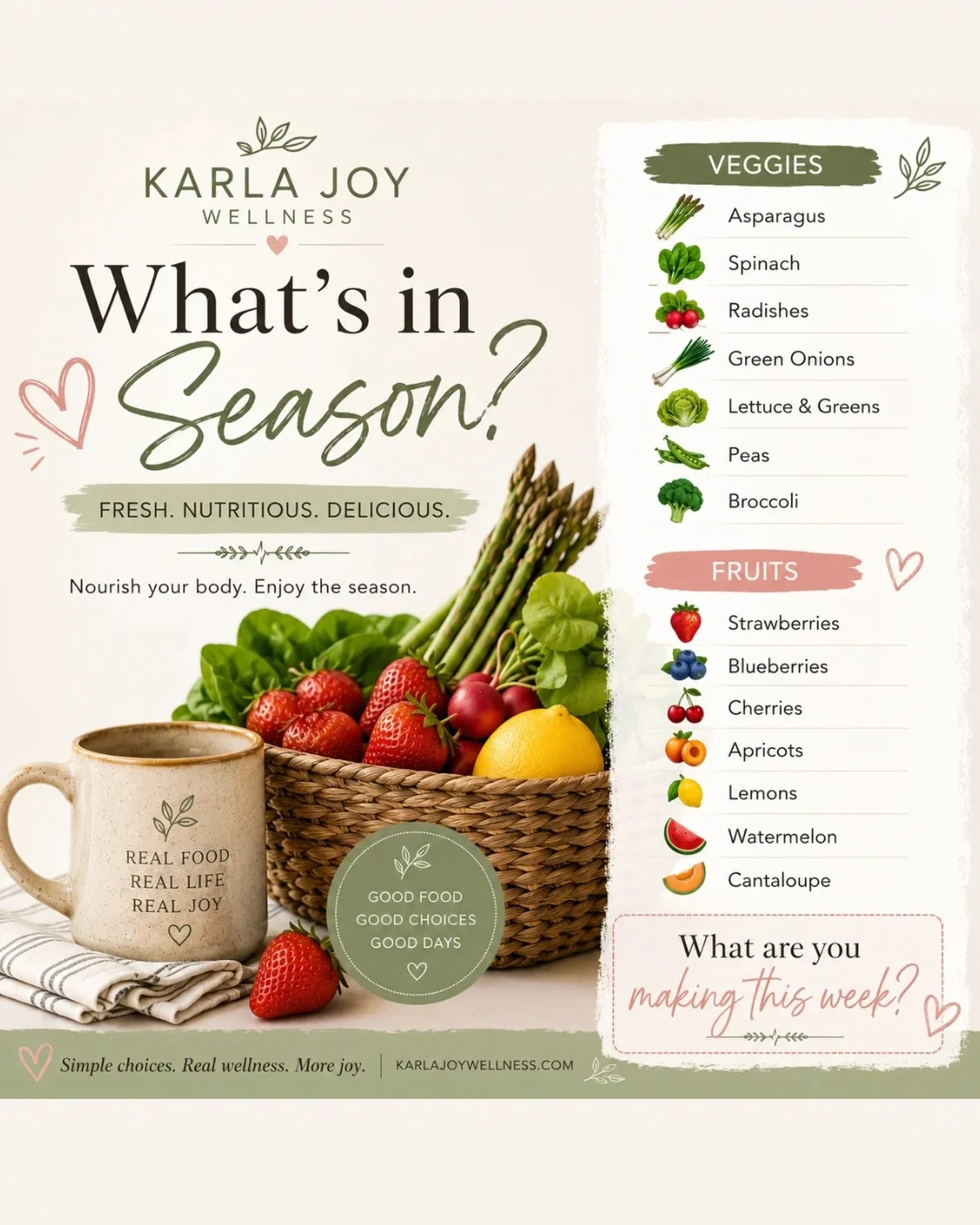 🌿 What&rsquo;s in season right now?
One of the easiest ways to eat healthier is to let the seasons do the planning for you. 💛
Seasonal produce is often fresher, more flavorful, and can even be more budget-friendly.
This week, look for fresh favorit