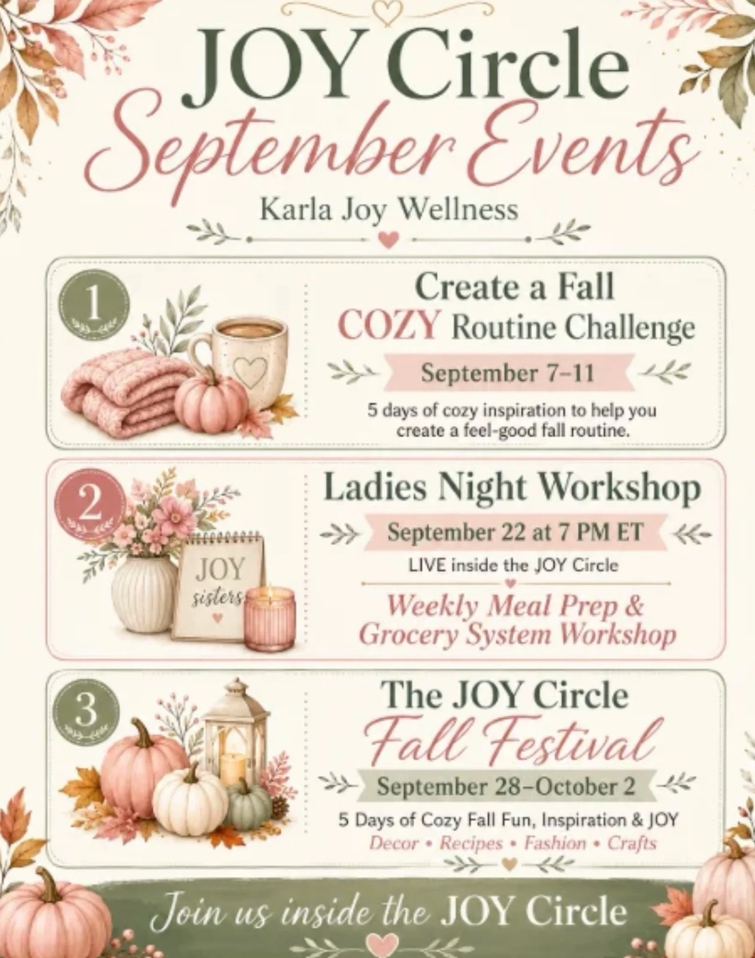 🍂✨ September is going to be full of cozy fun inside the JOY Circle! ✨🍂  I&rsquo;m so excited for everything we have coming up next month inside our community! From creating a cozy fall routine, to a live workshop, to our special JOY Circle Fall Fes