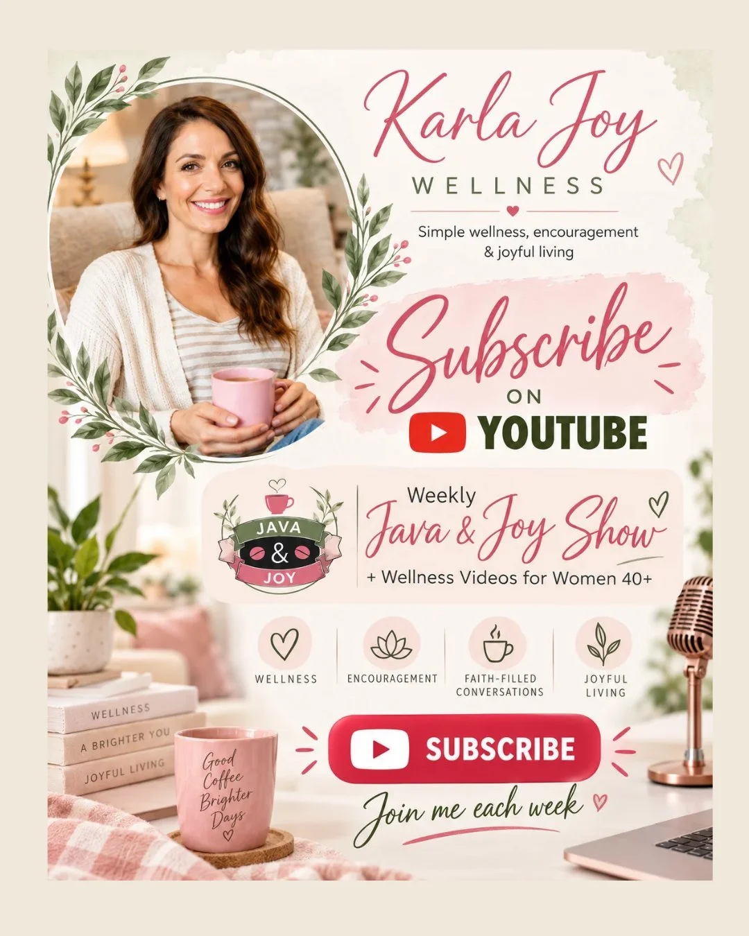 ☕️💗 Looking for simple wellness tips, encouragement, and a little more JOY after 40?

Come hang out with me over on YouTube! 🎥✨
Every week, I share a brand-new Java &amp; Joy Show plus practical wellness videos created especially for women 40+ who 