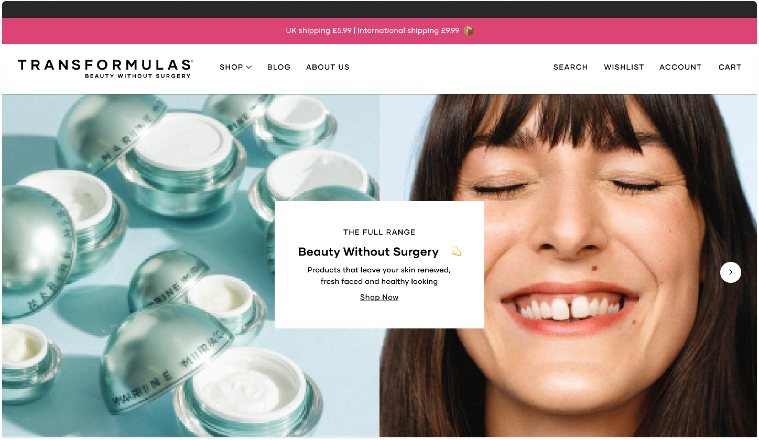 Transformulas homepage hero design picturing beauty products and a model smiling