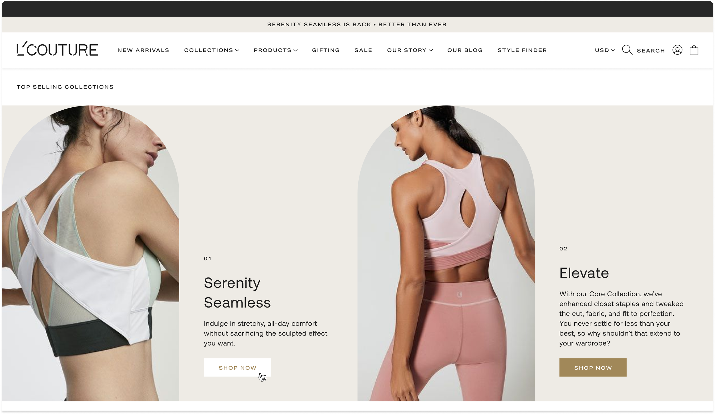Homepage desktop designs showcasing two column content module that allows for image on the left and copy on the right. Images are displaying models wearing activewear