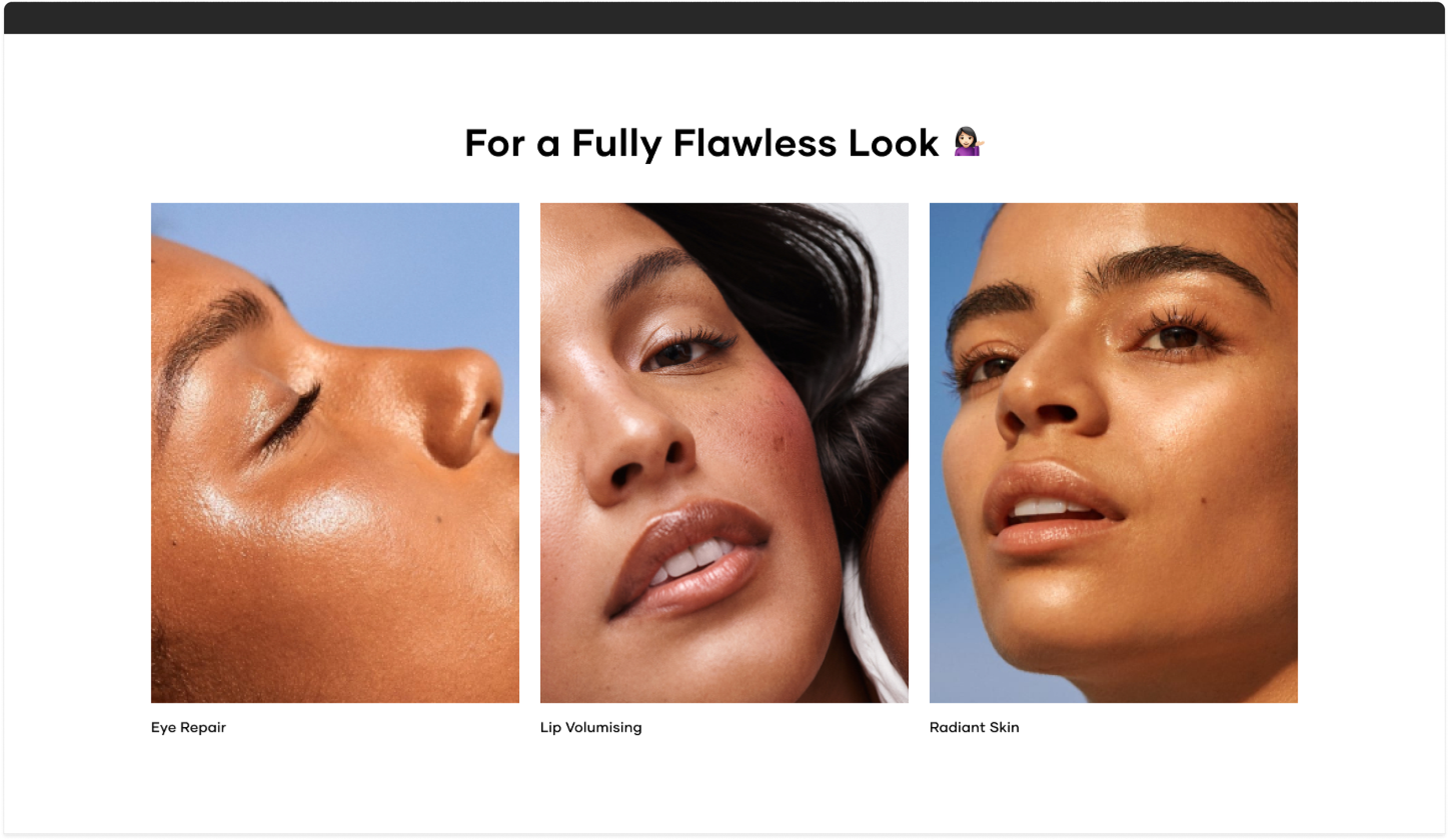 Transformulas three column content module picturing models wearing skincare and makeup products