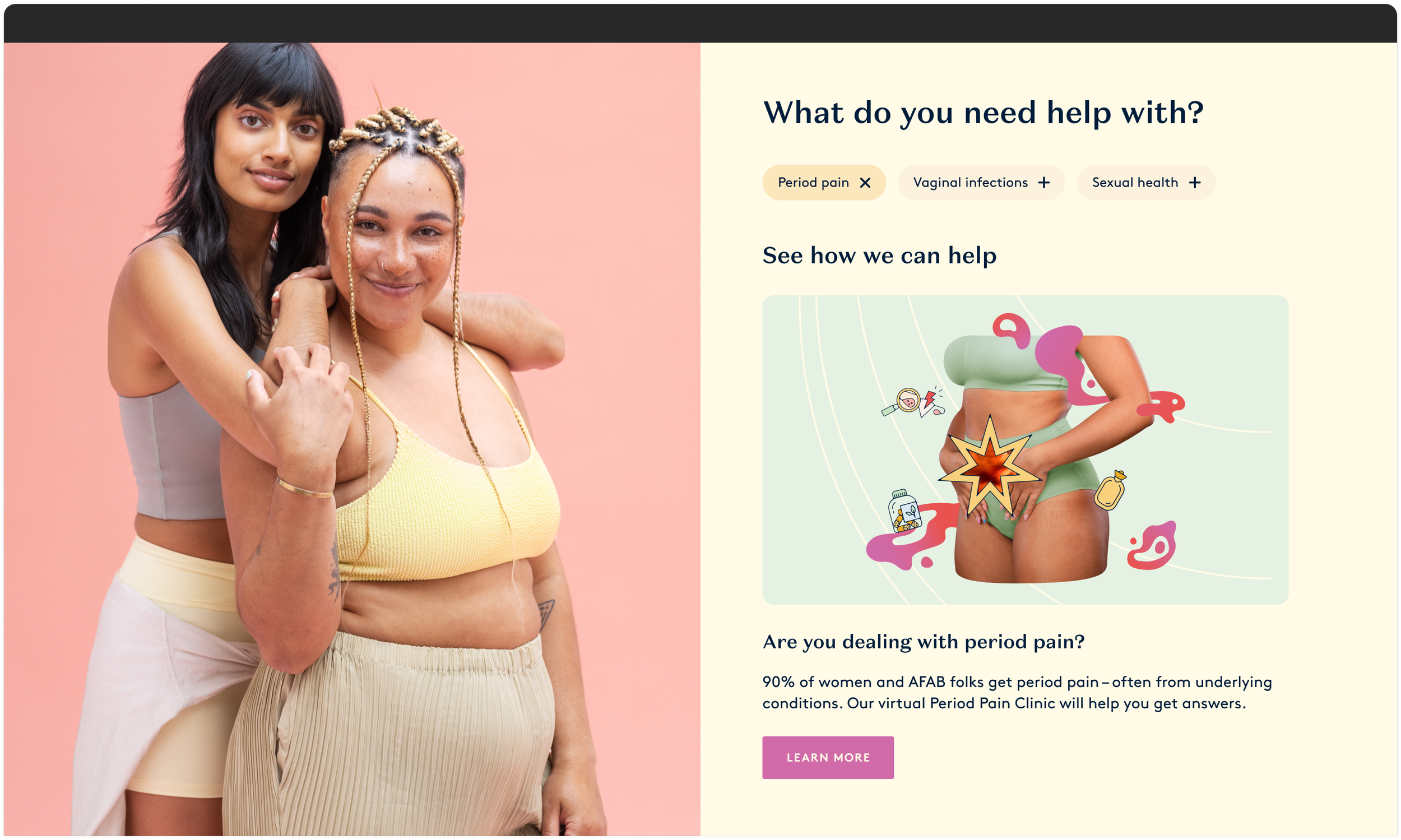 Daye's ecommerce site homepage design featuring  guided selling module and two models
