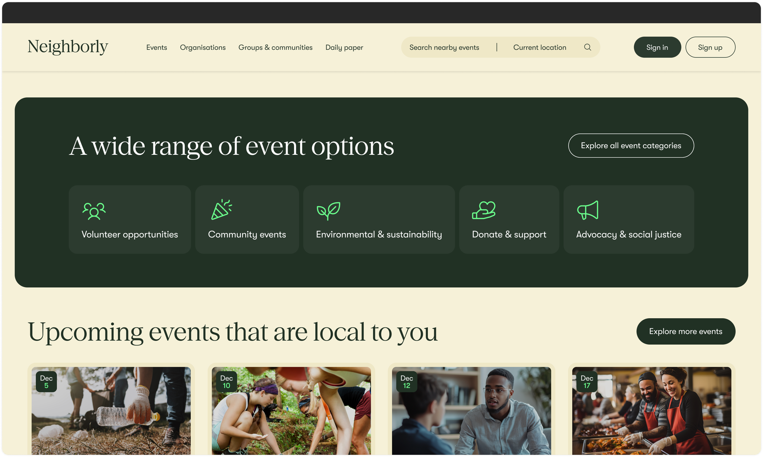 Neighborly desktop homepage designs - upcoming events