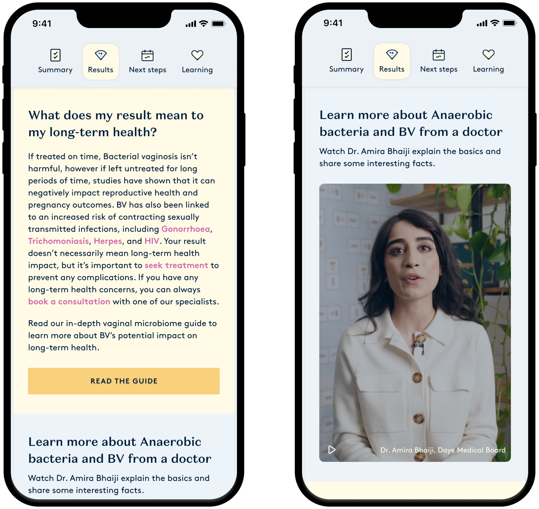Daye's diagnostic tampon report designs page featuring results page screens