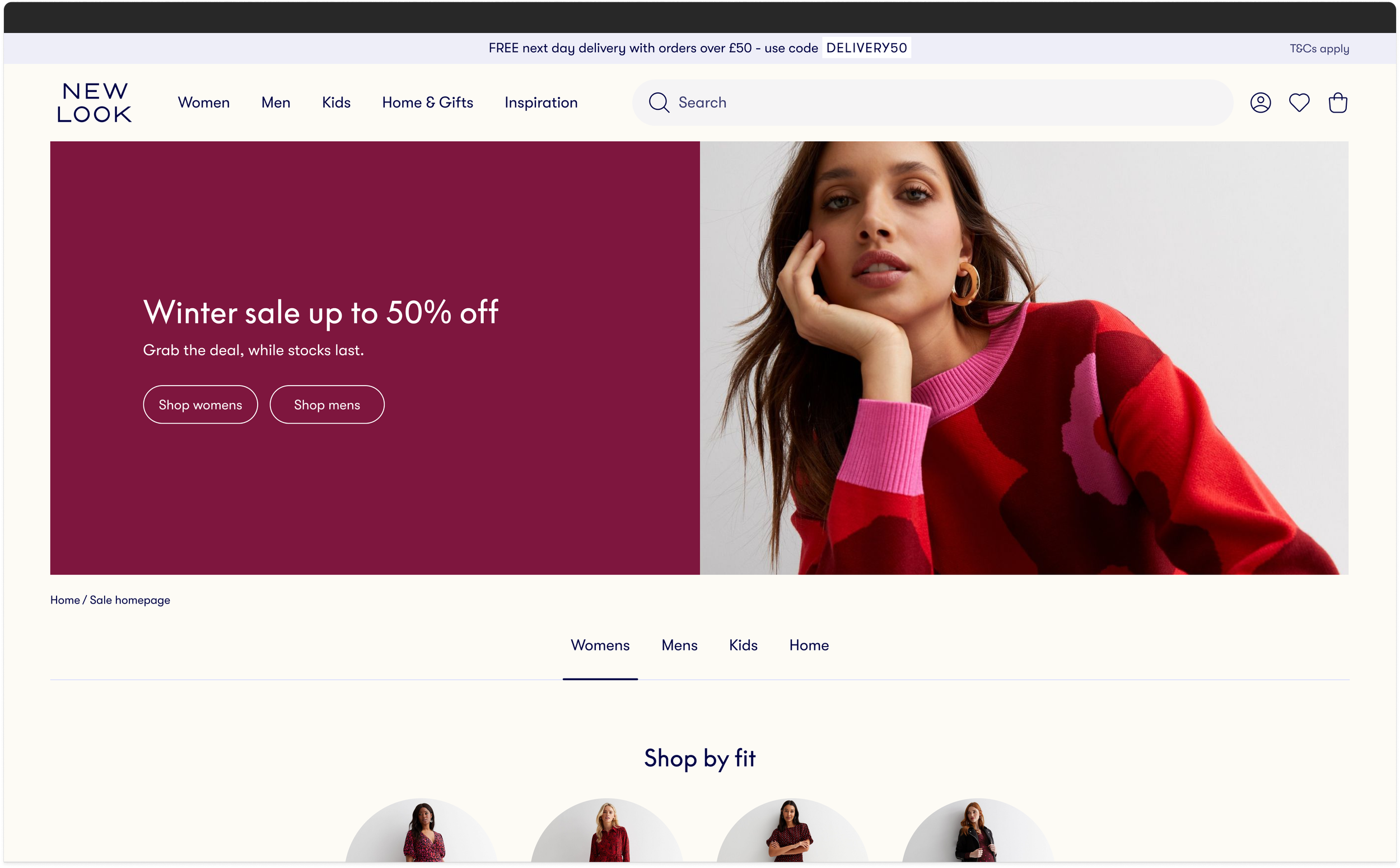 New Look's sale landing page design, displaying a hero banner and picturing a model wearing a red and pink sweater