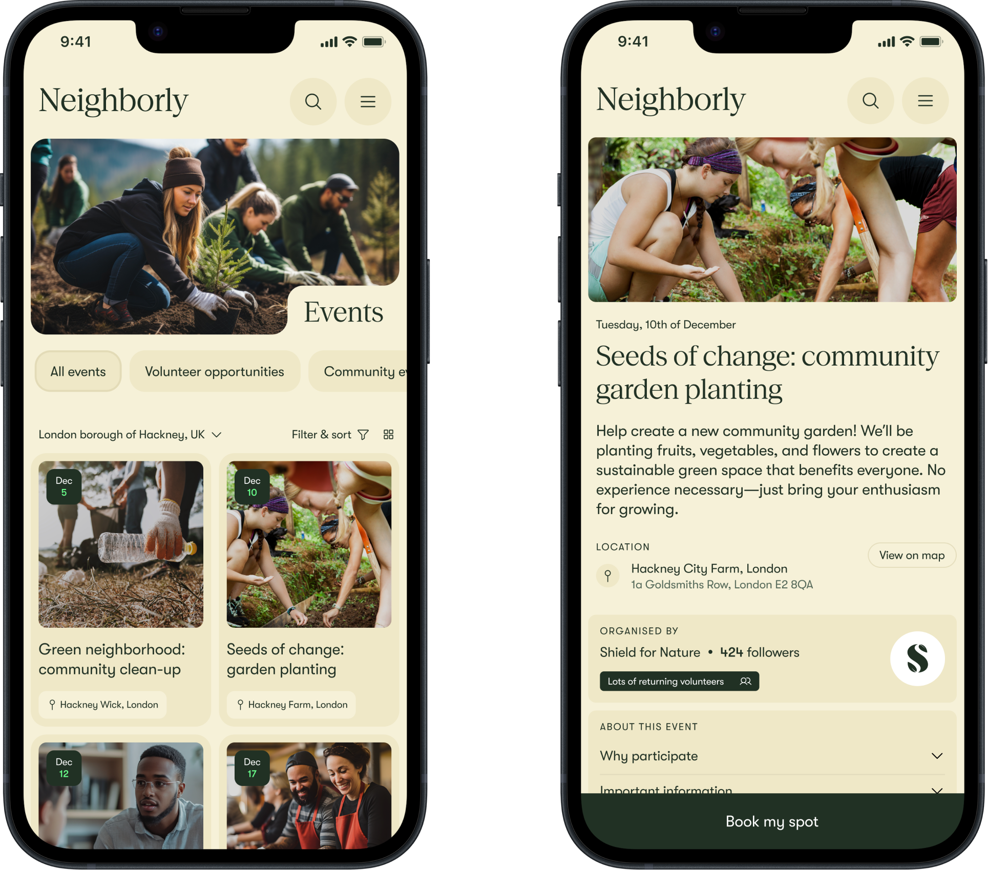Neighborly events landing page mobile designs