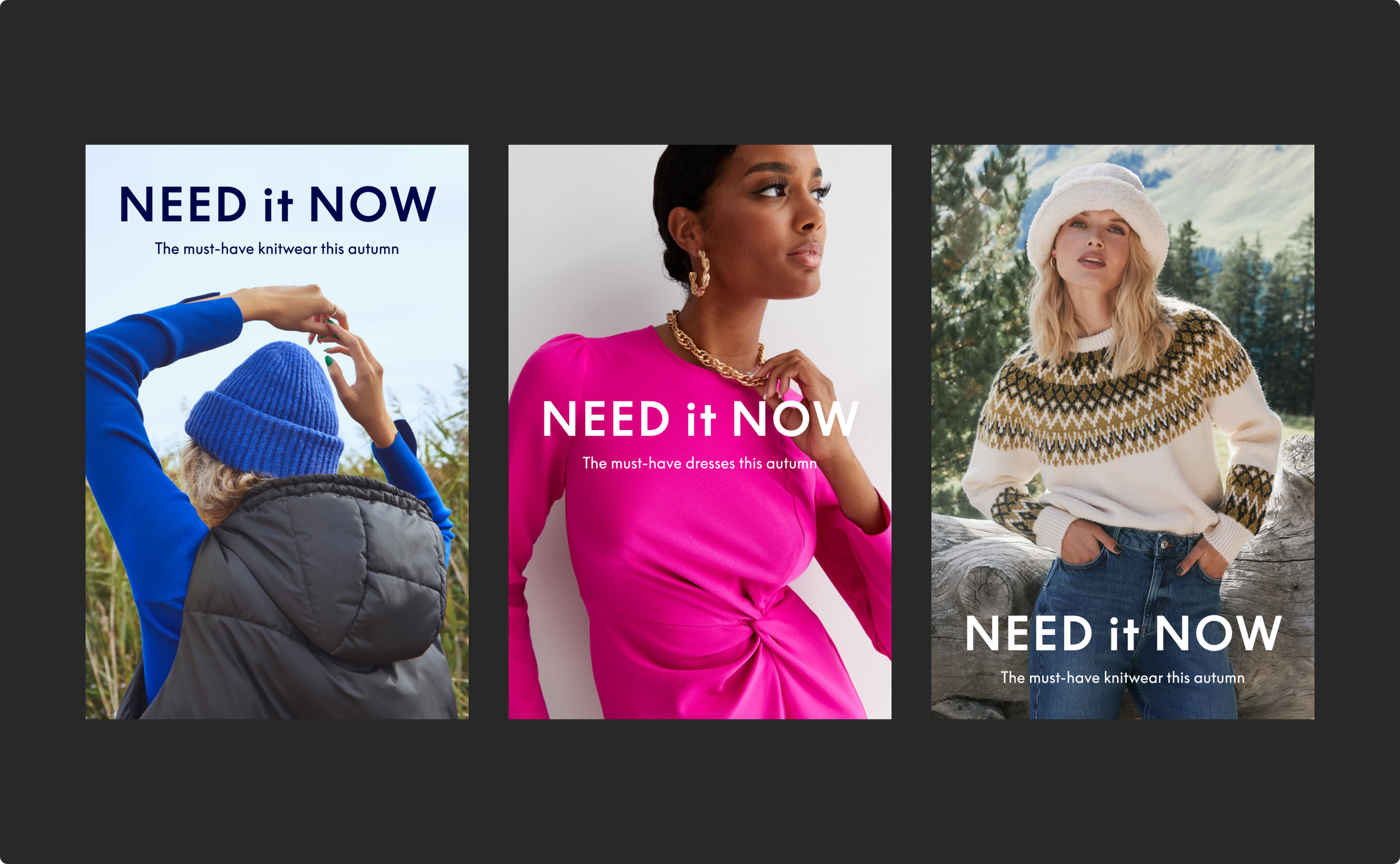 Design collaterals for New Look, picturing models wearing autumn winter collection clothes