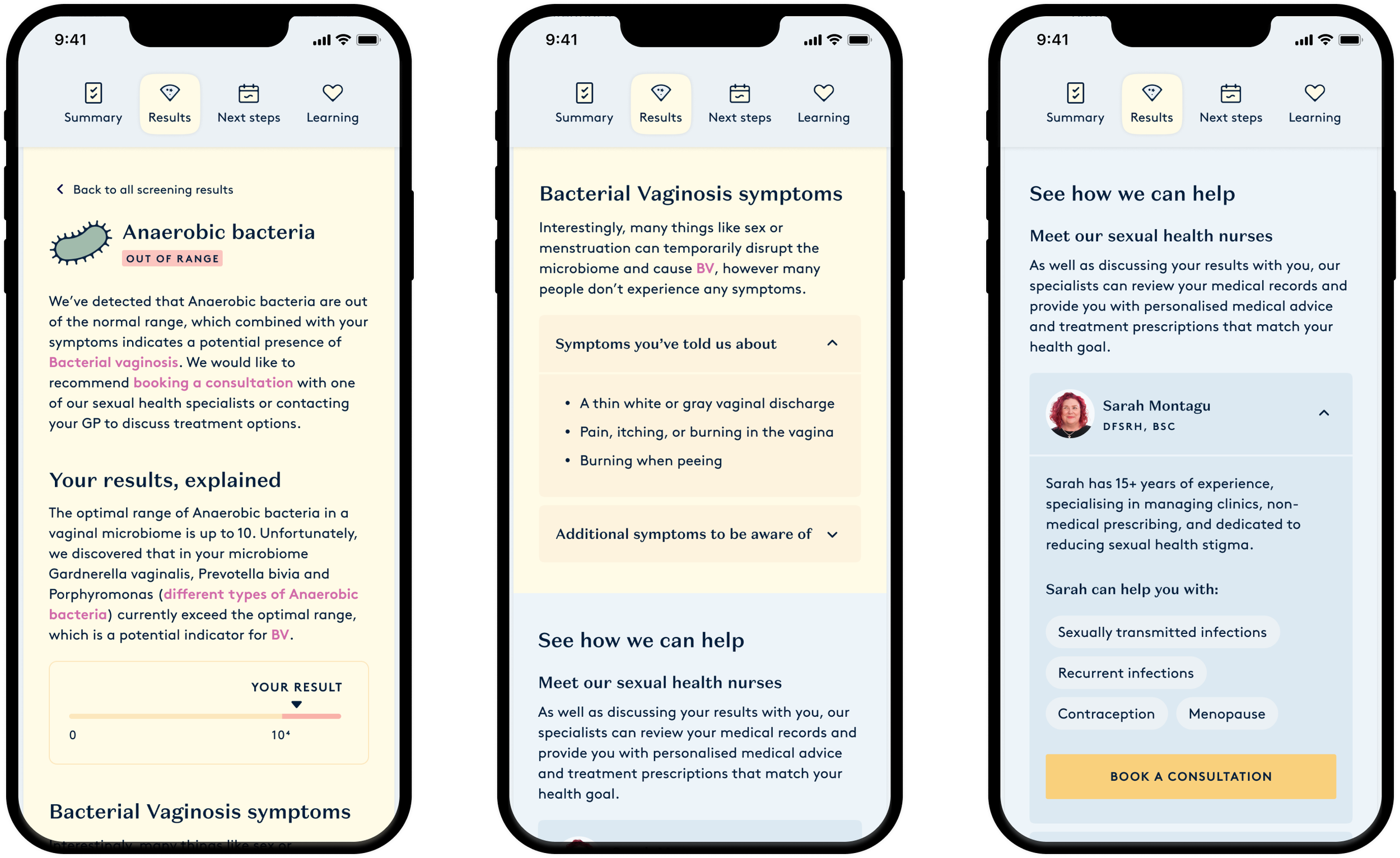 Daye's diagnostic tampon results page screens