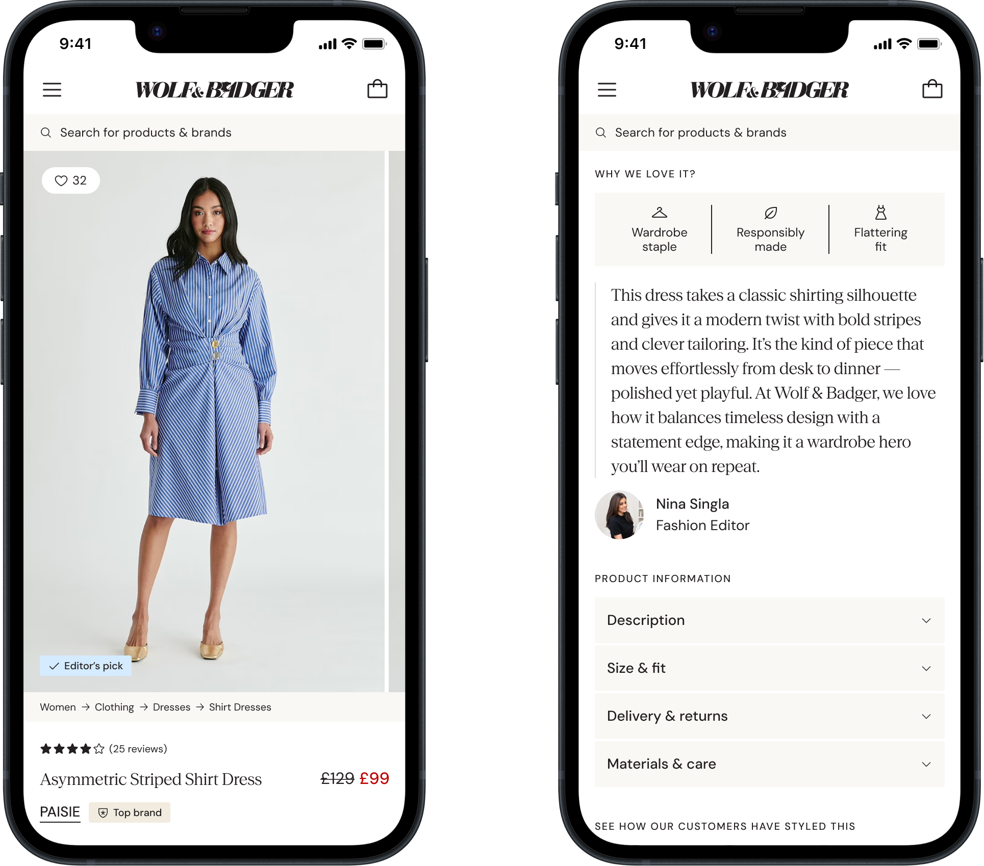 Wolf & Badger product detail page mobile designs