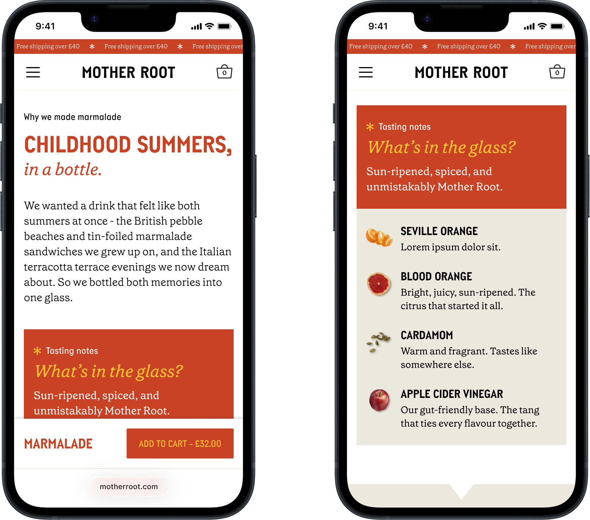 Two mobile phone screens showcasing the Mother Root limited editions landing page designs