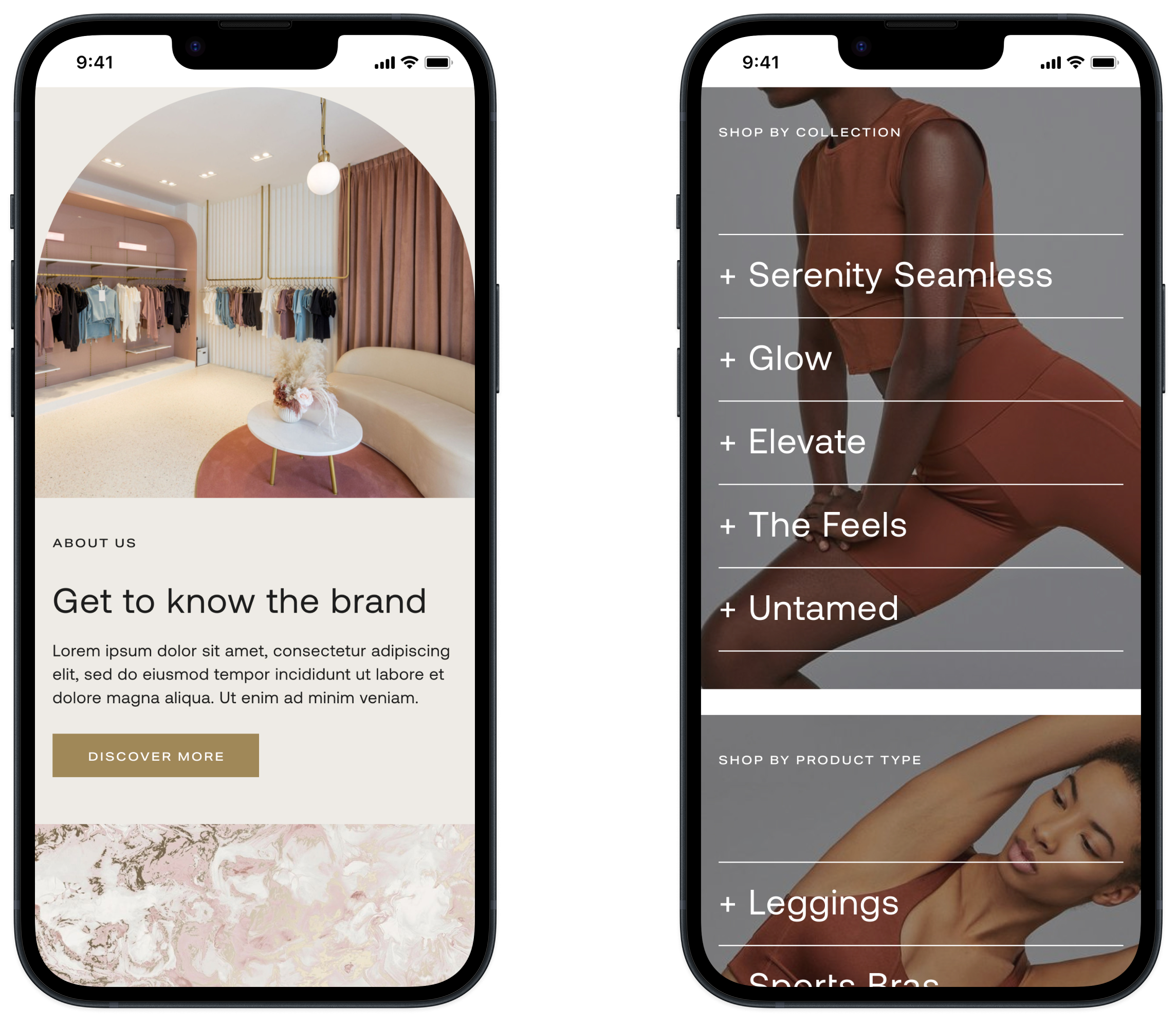 Mobile screens showing component designs. Images are displaying L'Couture boutique interiors and models wearing activewear