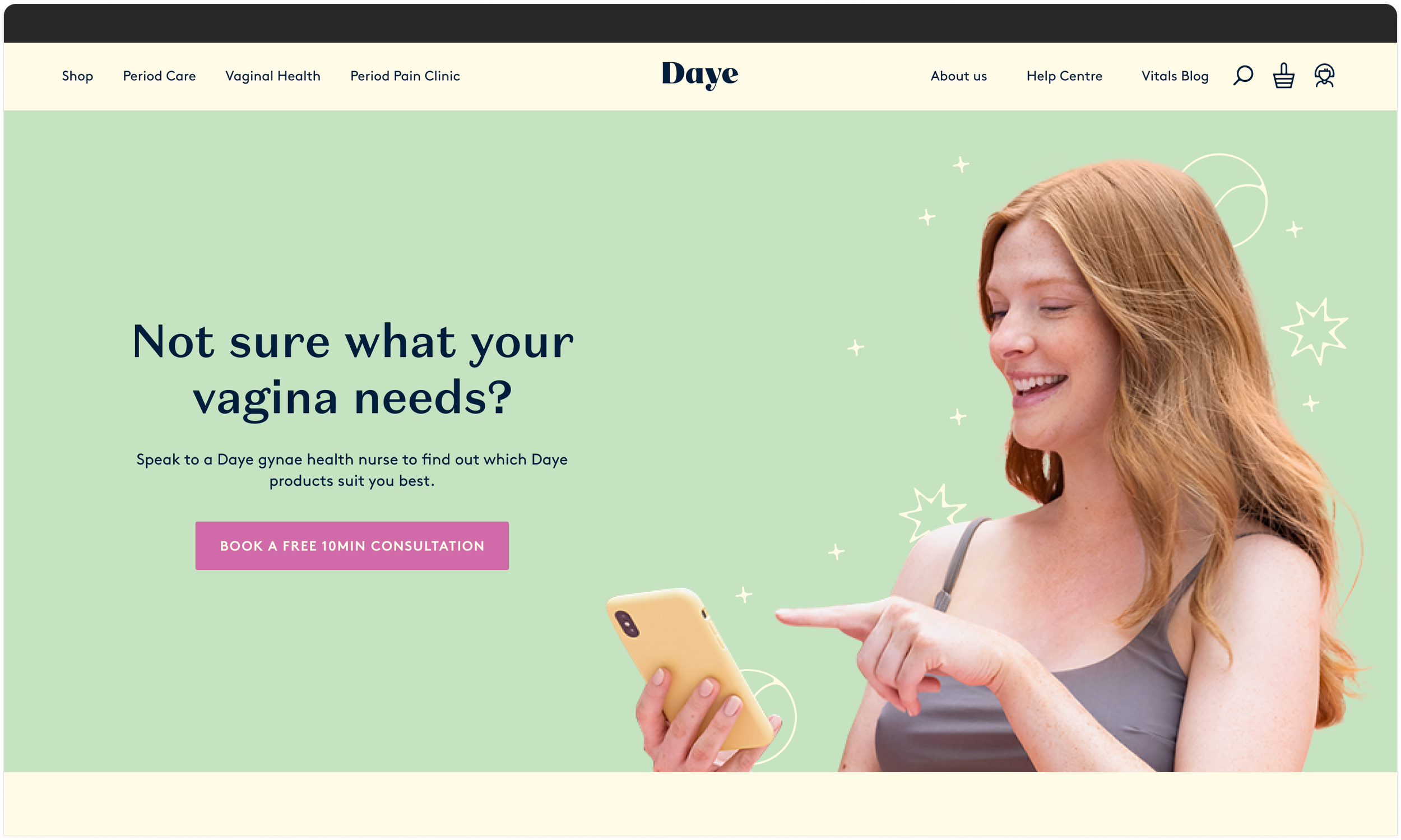 Daye free nurse consultations page design featuring a hero module that promotes the service