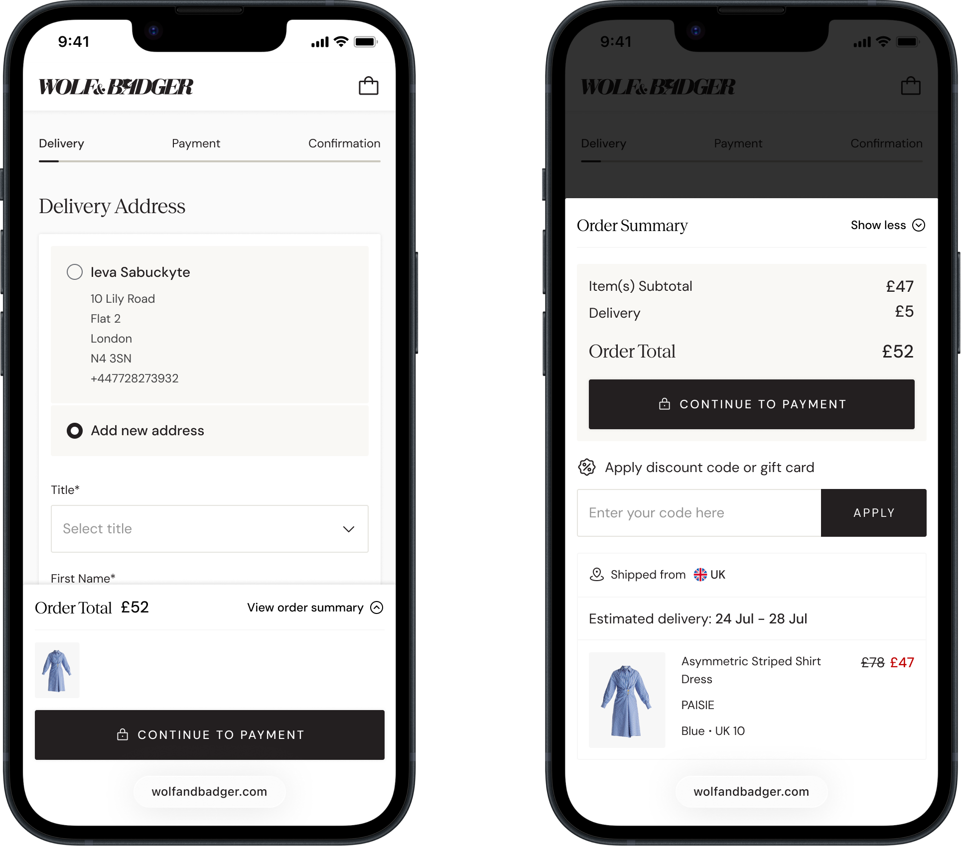 Wolf & Badger mobile checkout order summary designs
