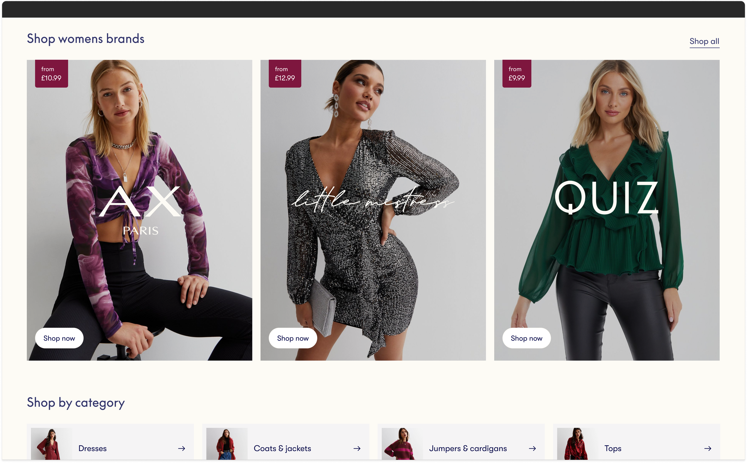 New Look sale landing page designs showcasing a three column image and copy component and featuring a model wearing autumn winter collection clothes