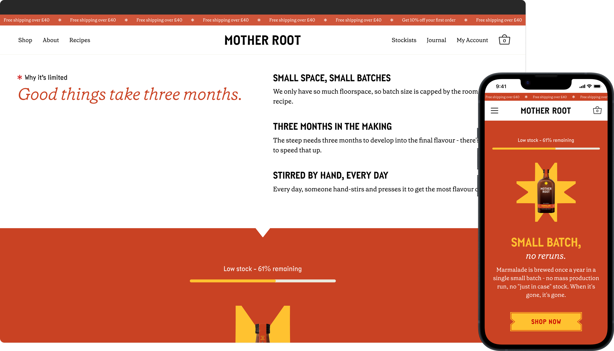An image showing the Mother Root Marmalade landing page designs, both desktop and mobile screens, for the section that explains the scarcity of the product