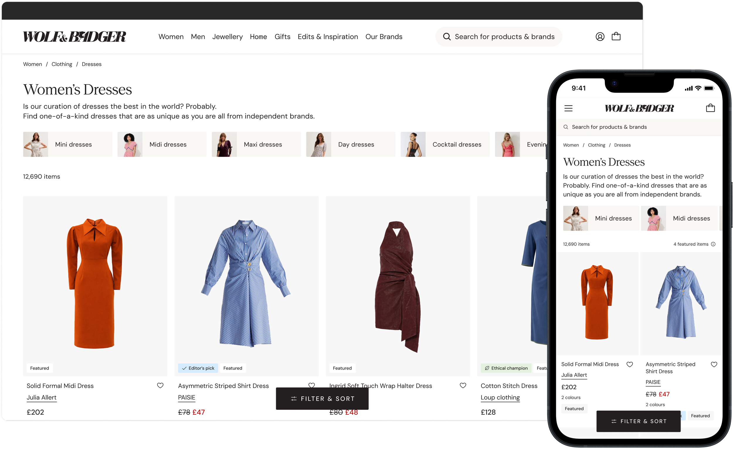 Wolf and Badger product listing page desktop and mobile designs - images feature the top of the page