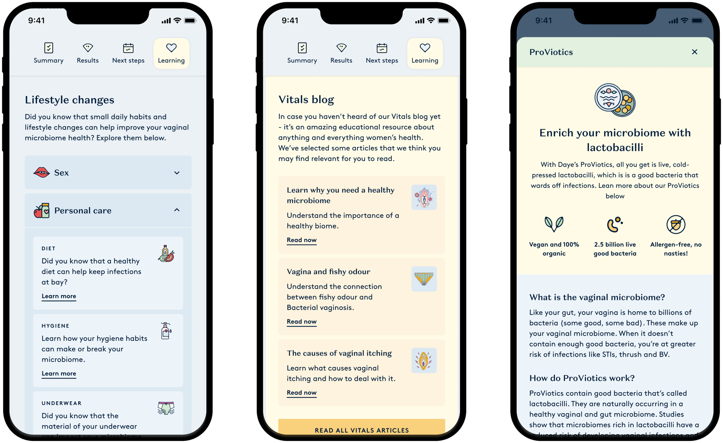 Daye's diagnostic tampon report designs showcasing the learning hub page designs