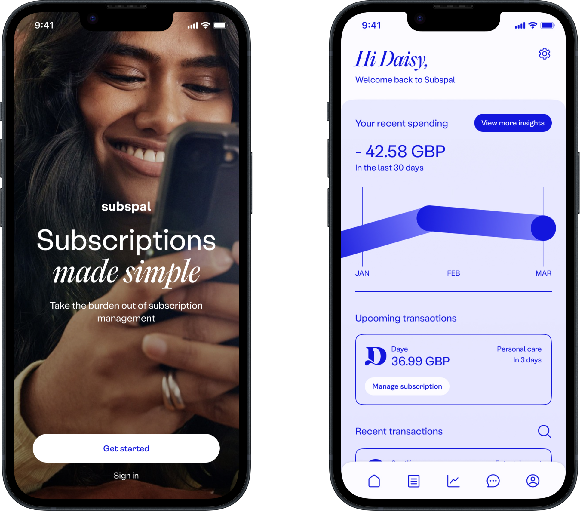 Mobile screens showcasing a finance management app