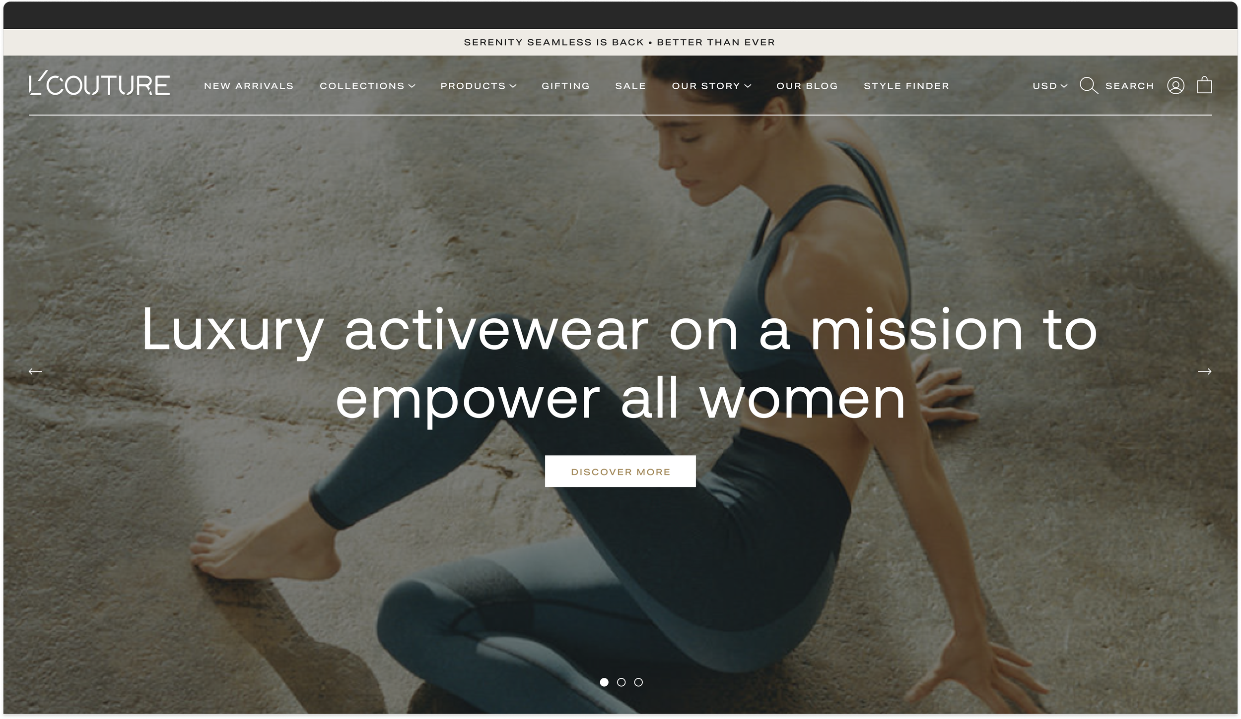 Homepage hero design displaying an image of a model wearing activewear