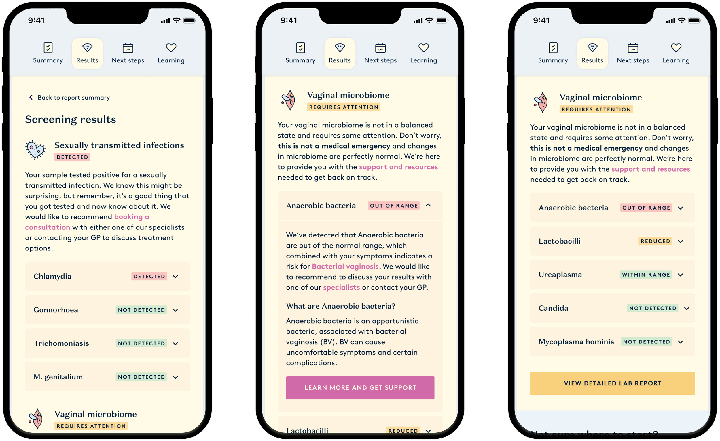 Daye's diagnostic tampon report designs page featuring results page screens