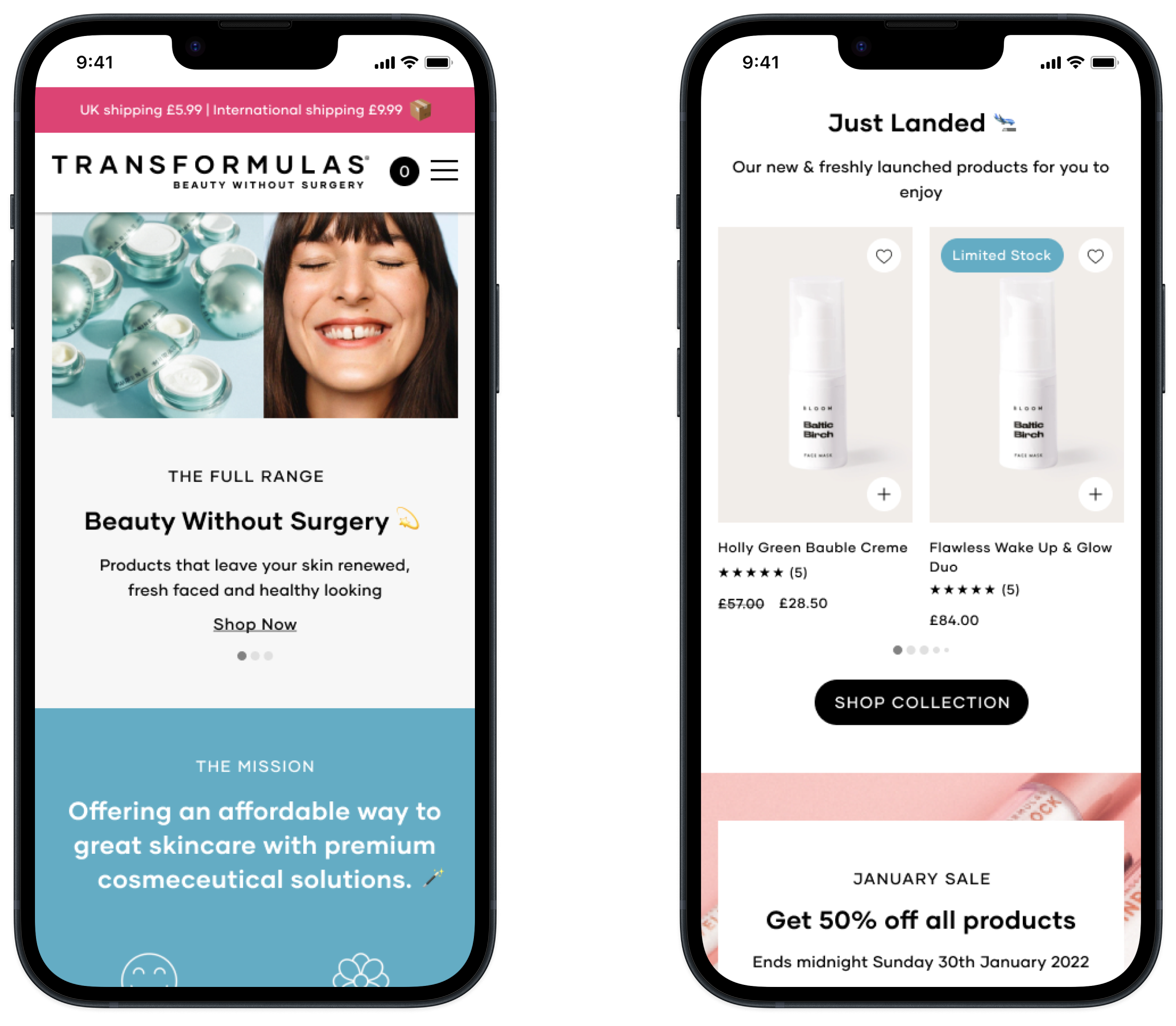 Transformulas mobile homepage designs showcasing a homepage hero and product carousel components