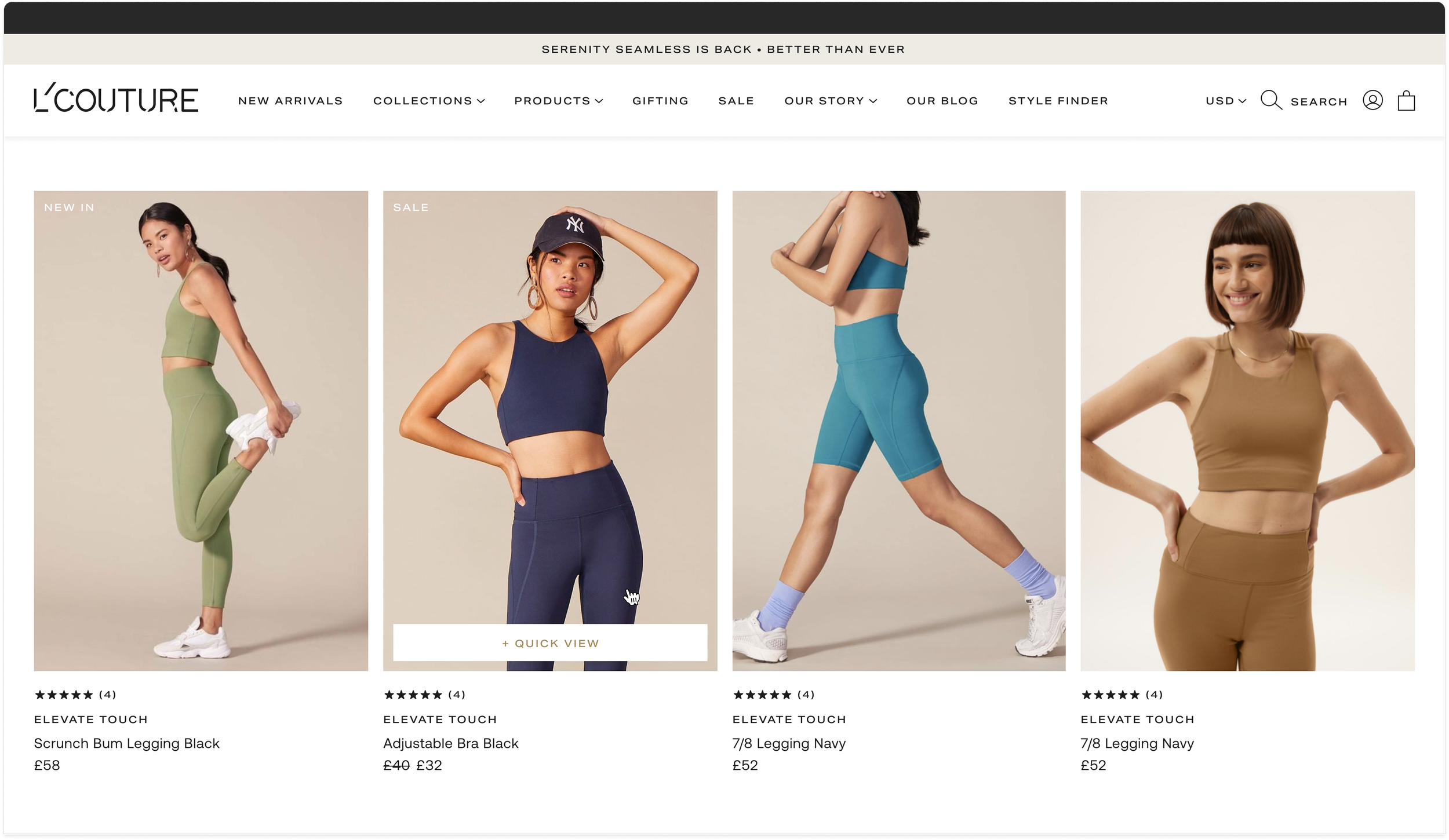 Product landing page displaying a design of product cars component. Models in images are wearing activewear