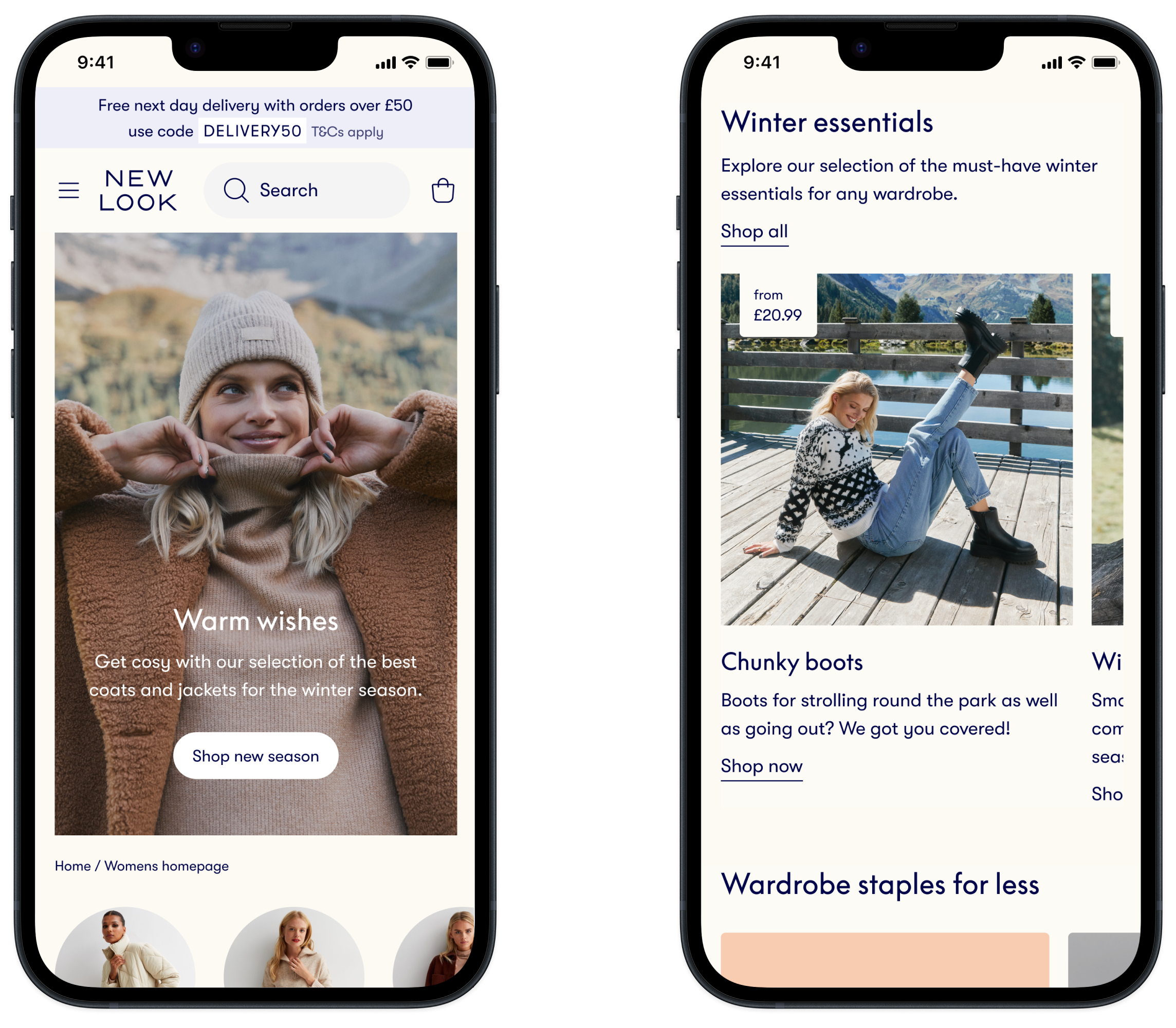 A homepage of British high street brand known as New Look, displaying models wearing autumn winter collection clothes