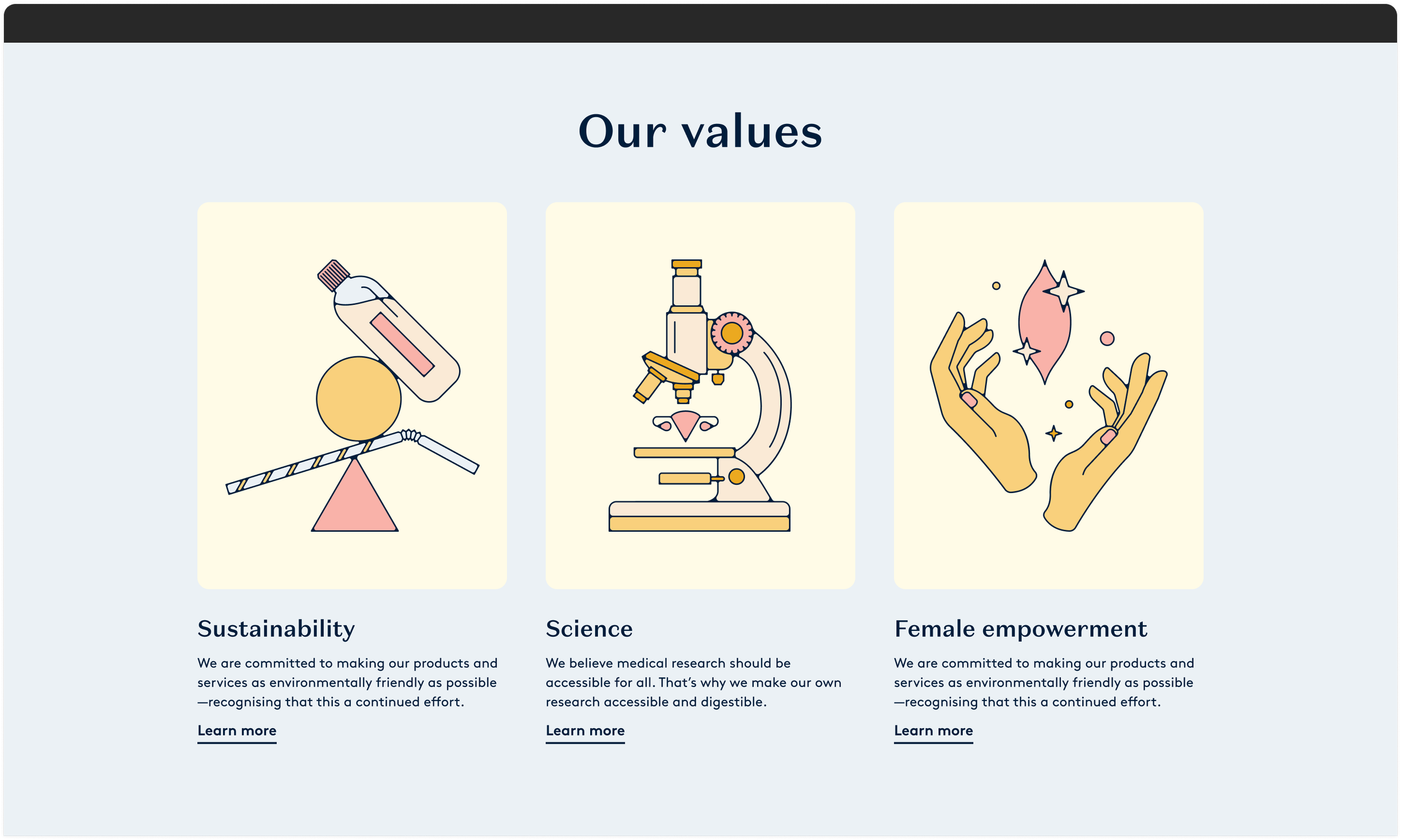 Daye's ecommerce site homepage designs featuring a module that talks about brand values