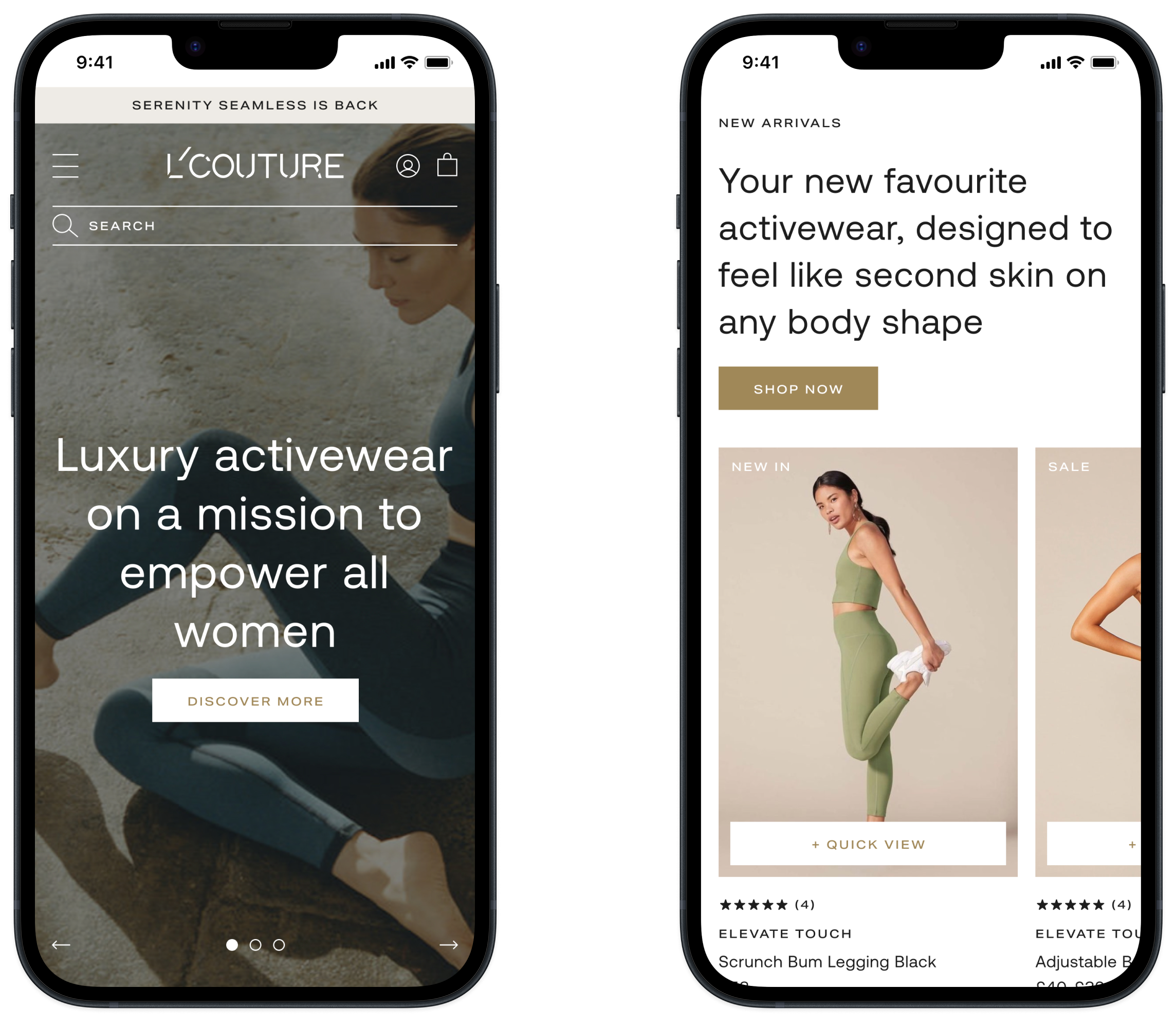 Mobile screens displaying hero and carousel component designs. Models in images are wearing activewear