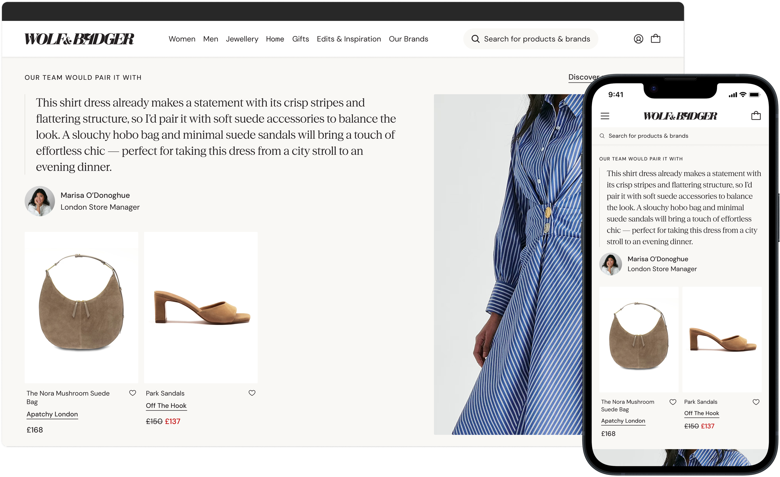 Wolf and Badger product detail page desktop designs - product styling recommendations