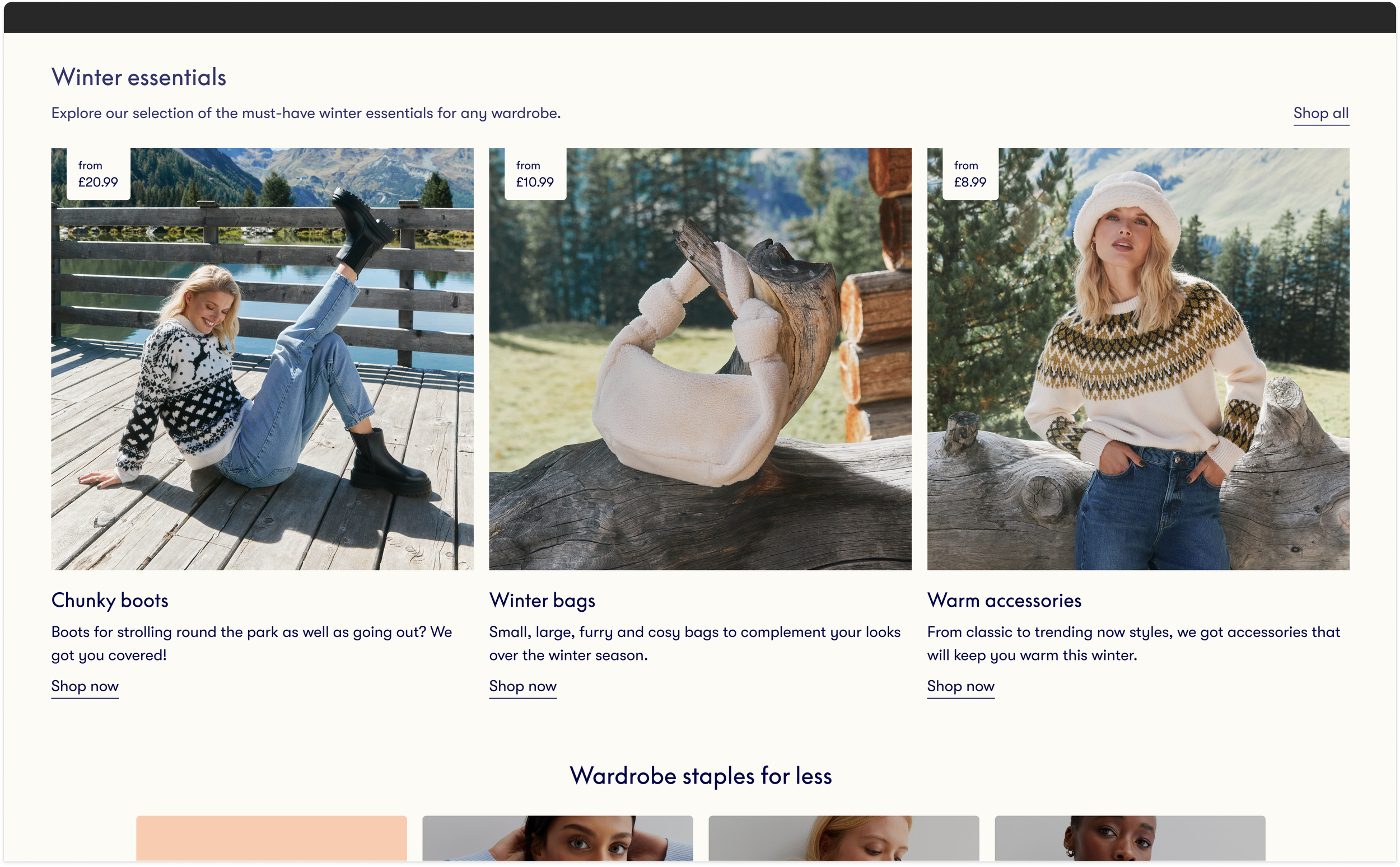 New Look homepage designs showcasing a three column image and copy component and featuring a model wearing autumn winter collection clothes