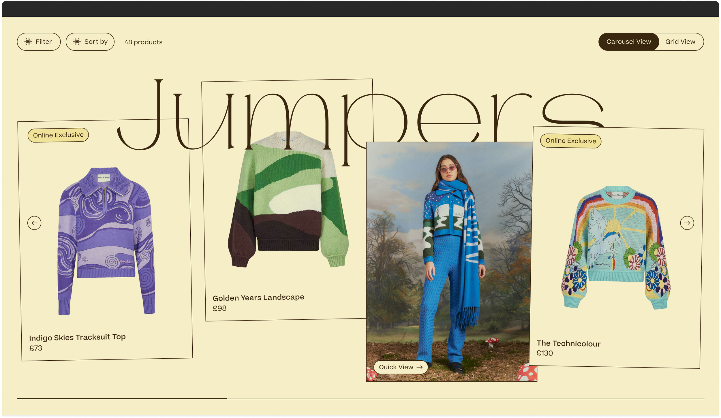 Product landing page design in a carousel view