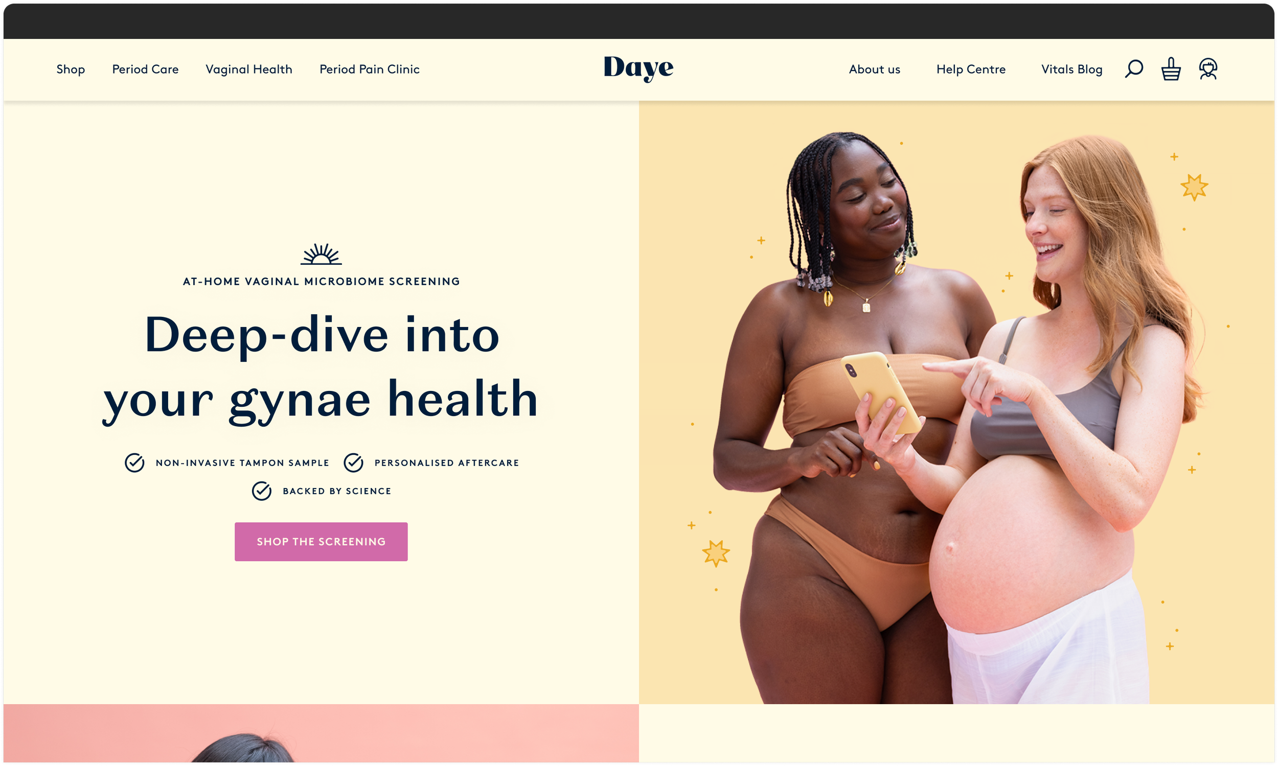 Daye homepage hero module design featuring two female models and promoting Daye's vaginal screening
