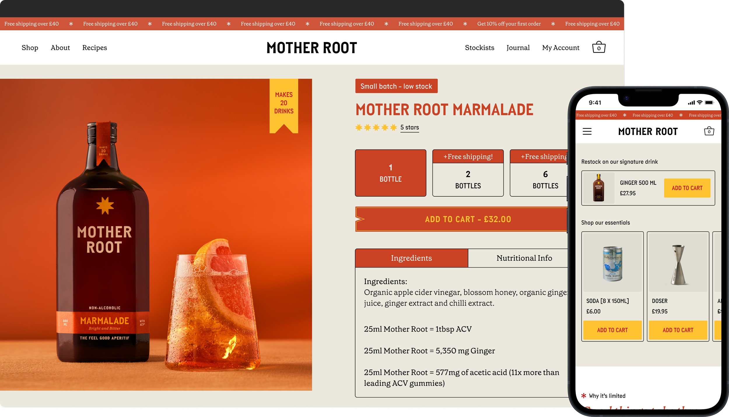 An image showing the Mother Root Marmalade landing page designs, buy box section, picturing both desktop and mobile