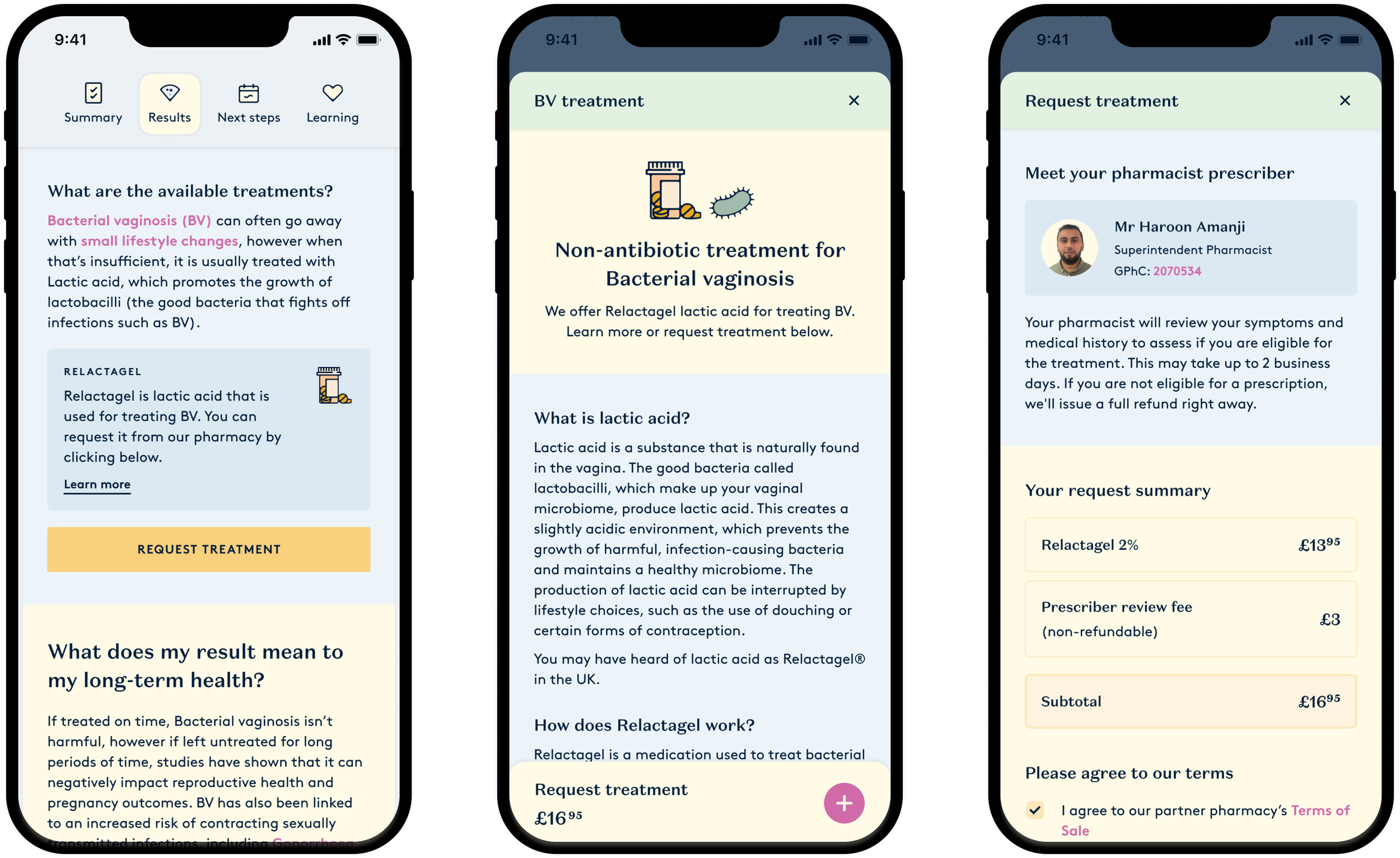 Daye's diagnostic tampon report designs, screens featuring the treatment request flow
