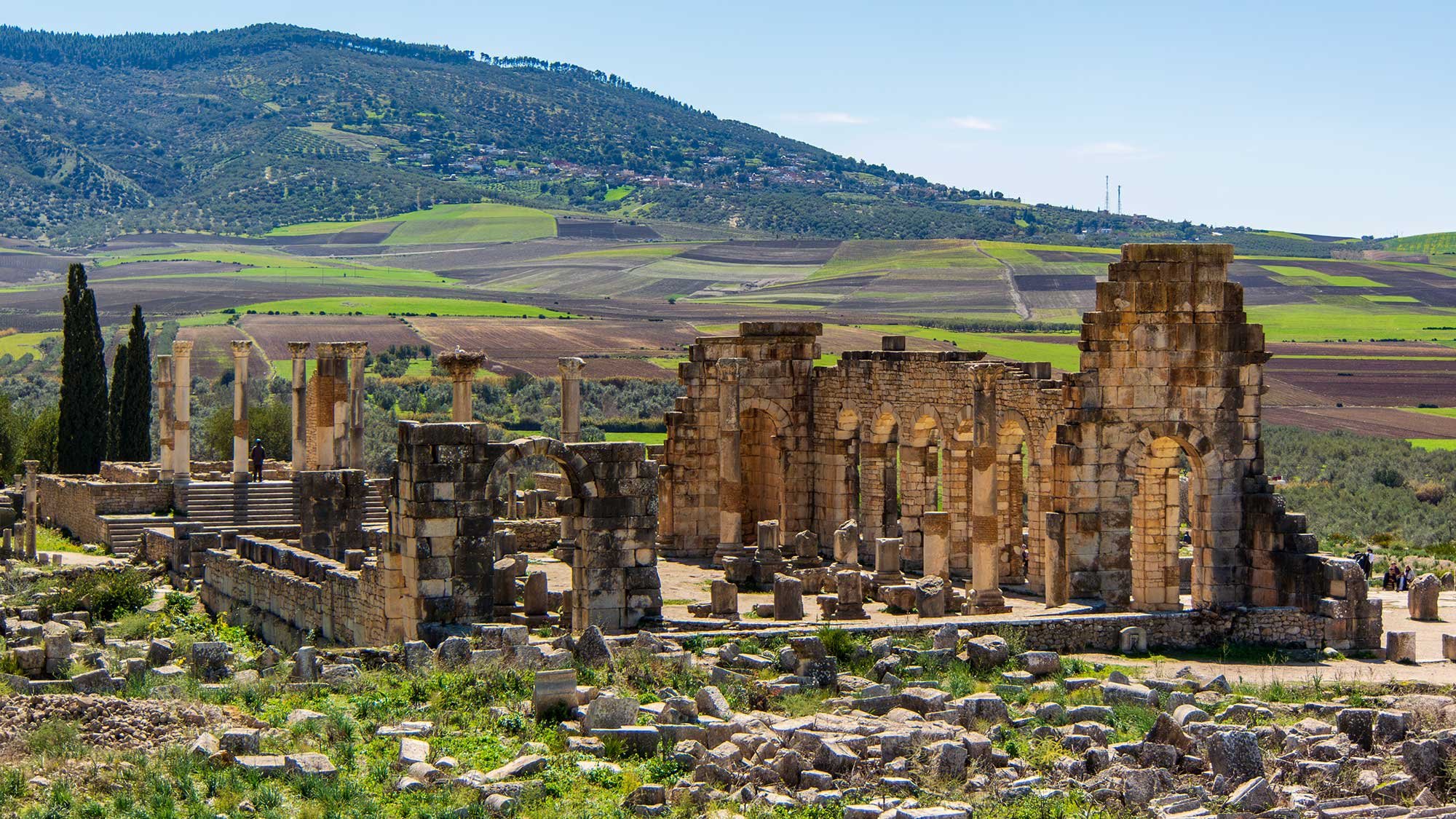 Basilica and Capitoline Temple of Volubilis, Morocco. The temple was dedicated to Juno, Jupiter, and Minerva - divinities of the Roman state.
