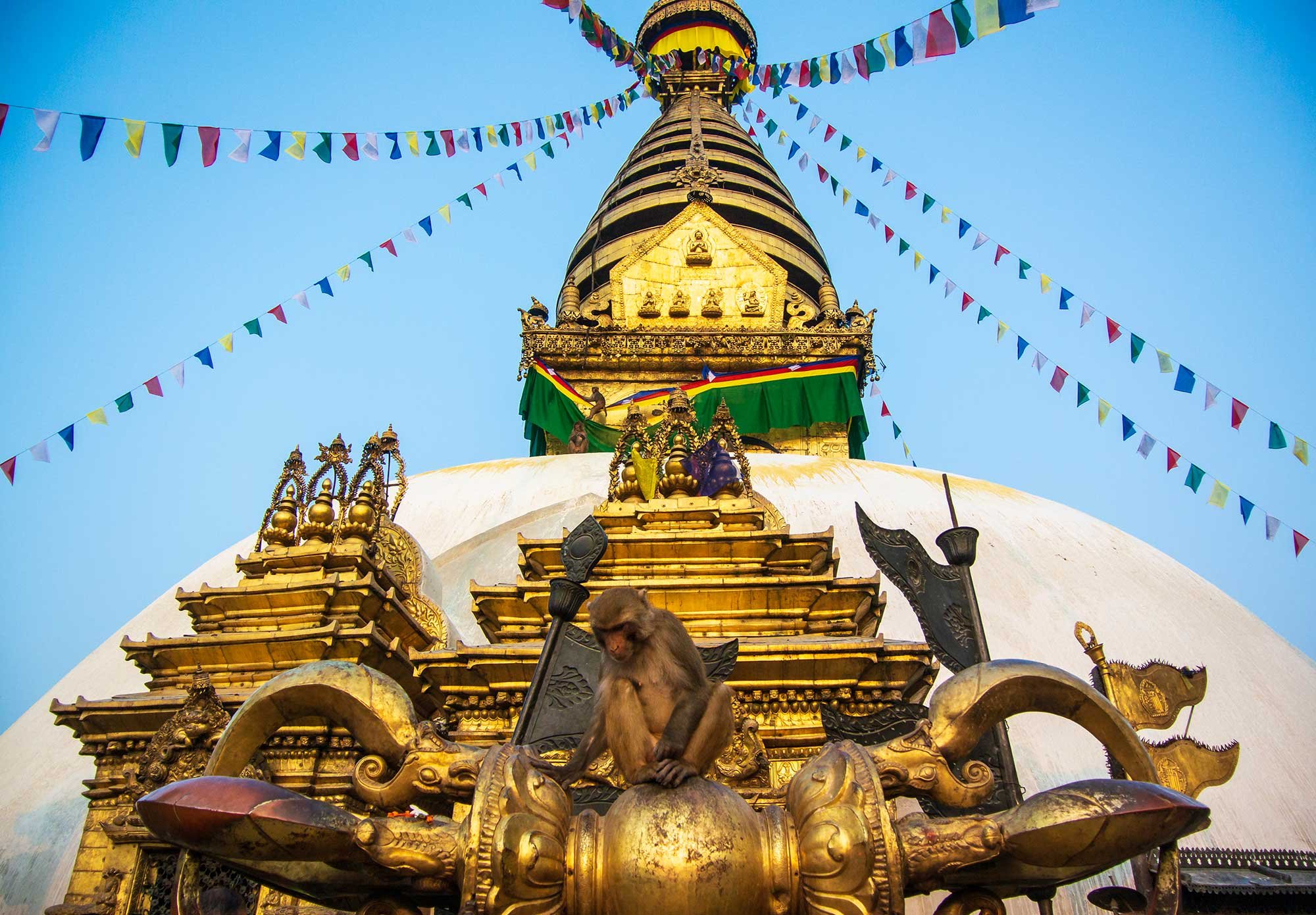 Swayambhunath, also known as the Monkey Temple, is a sacred Buddhist pilgrimage site in Kathmandu, Nepal. The monkey in this image is sitting atop a giant vajra (thunderbolt scepter) a symbol of enlightenment. Notice the other monkey swinging on the