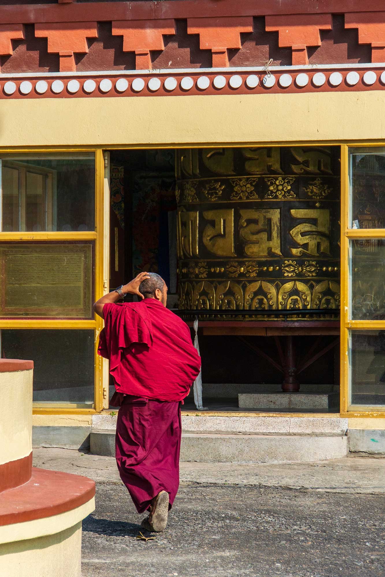 Prayer wheel house of the Buddha of Compassion at the Kopan Monastery in Kathmandu, Nepal.
