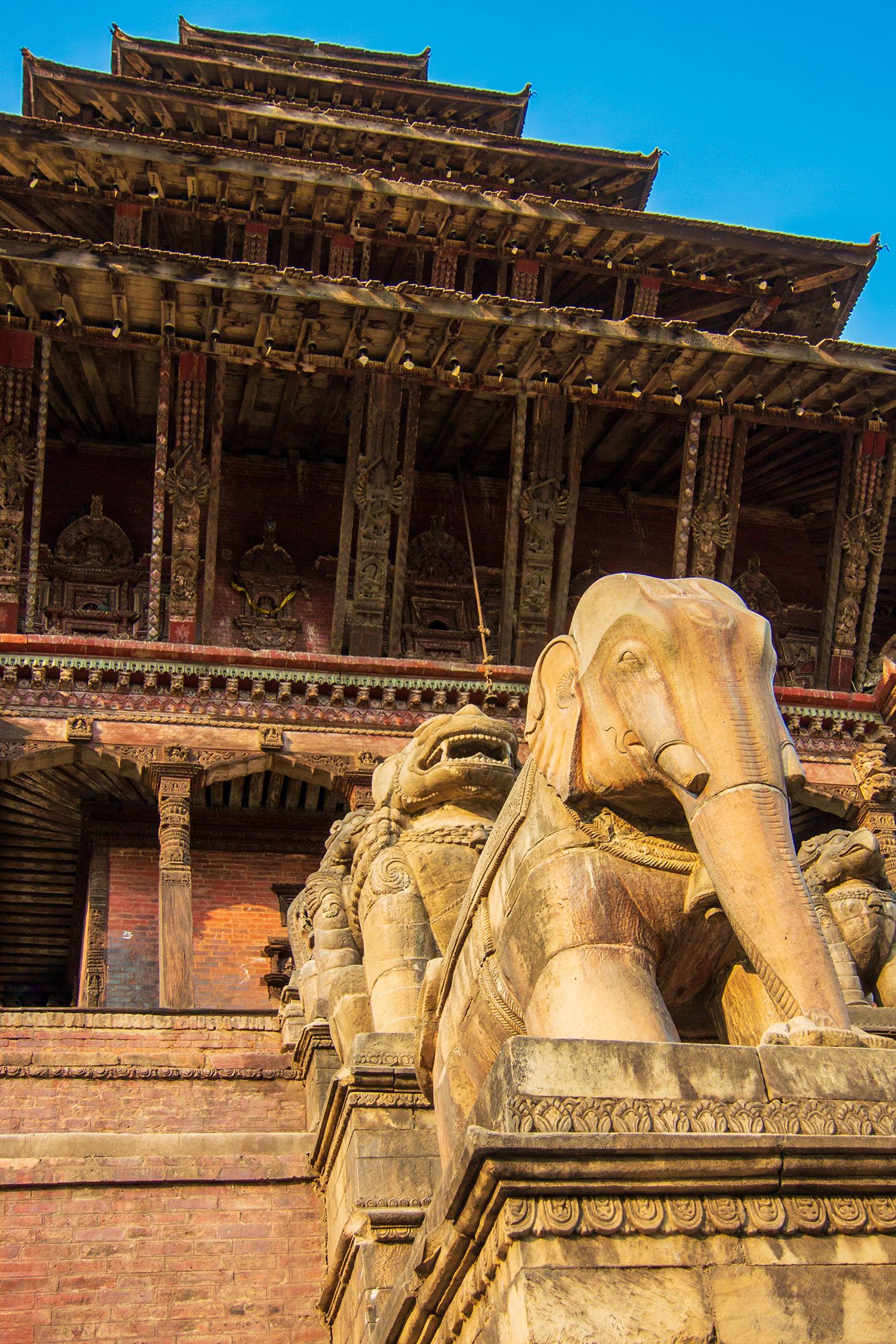 Nyatapola Temple in Bhaktapur, Nepal. It is the tallest temple of Nepal. The temple is dedicated to Goddess Siddhi Lakshmi - a Tantric deity representing the most powerful female force. The stairs are lined with 5 pairs of guardians, each level more