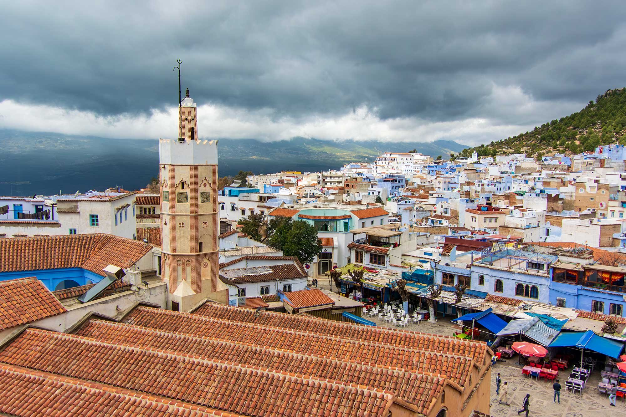 The minaret of the Grand Mosque of Chefchaouen, Morocco. Overlooking Place Outa Hammam.