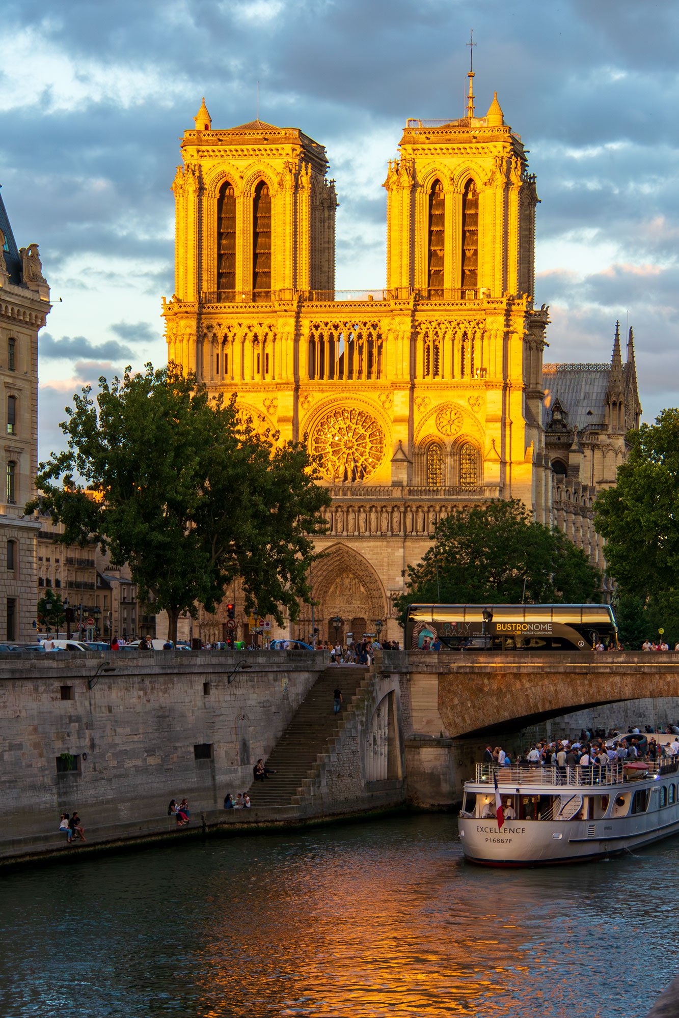 View of the Notre-Dame de Paris, a medieval Catholic cathedral, on the Seine river in Paris, France.