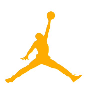 Silhouette of a Jordan Jumpman logo with basketball players legs spread to dunk with one hand.