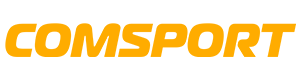 Logo of COMSPORT in bold yellow letters on a black background.