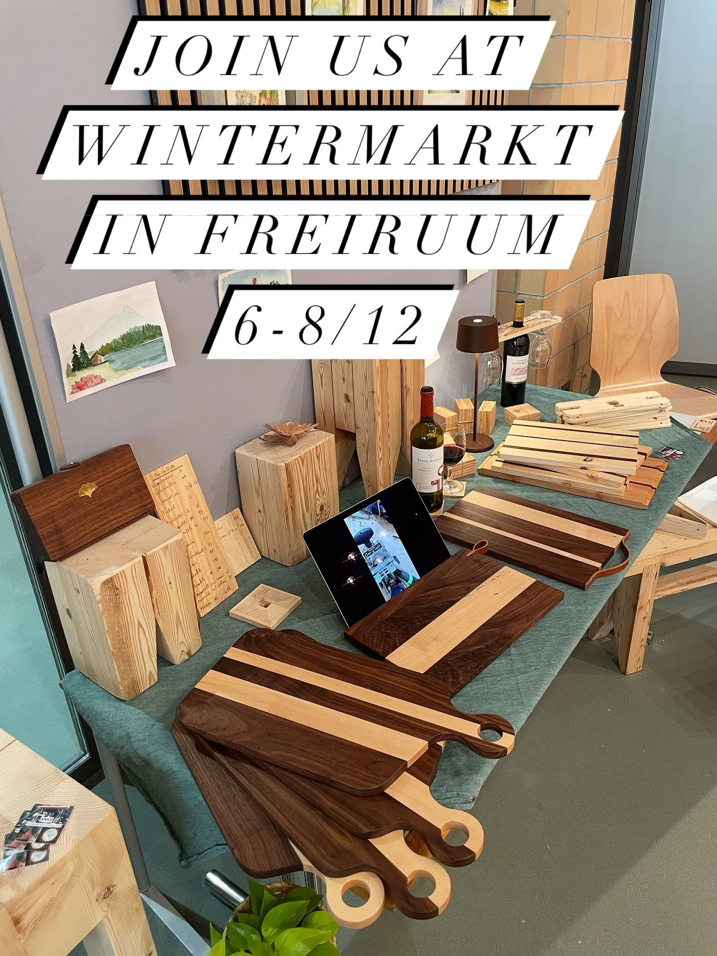Join us at the Wintermarkt starting this weekend at @freiruum !
I produced lots of cutting boards this time, hopefully enough for everyone to find their favourite.
You&rsquo;ll also discover wine accessories, benches, and other small handmade pieces 