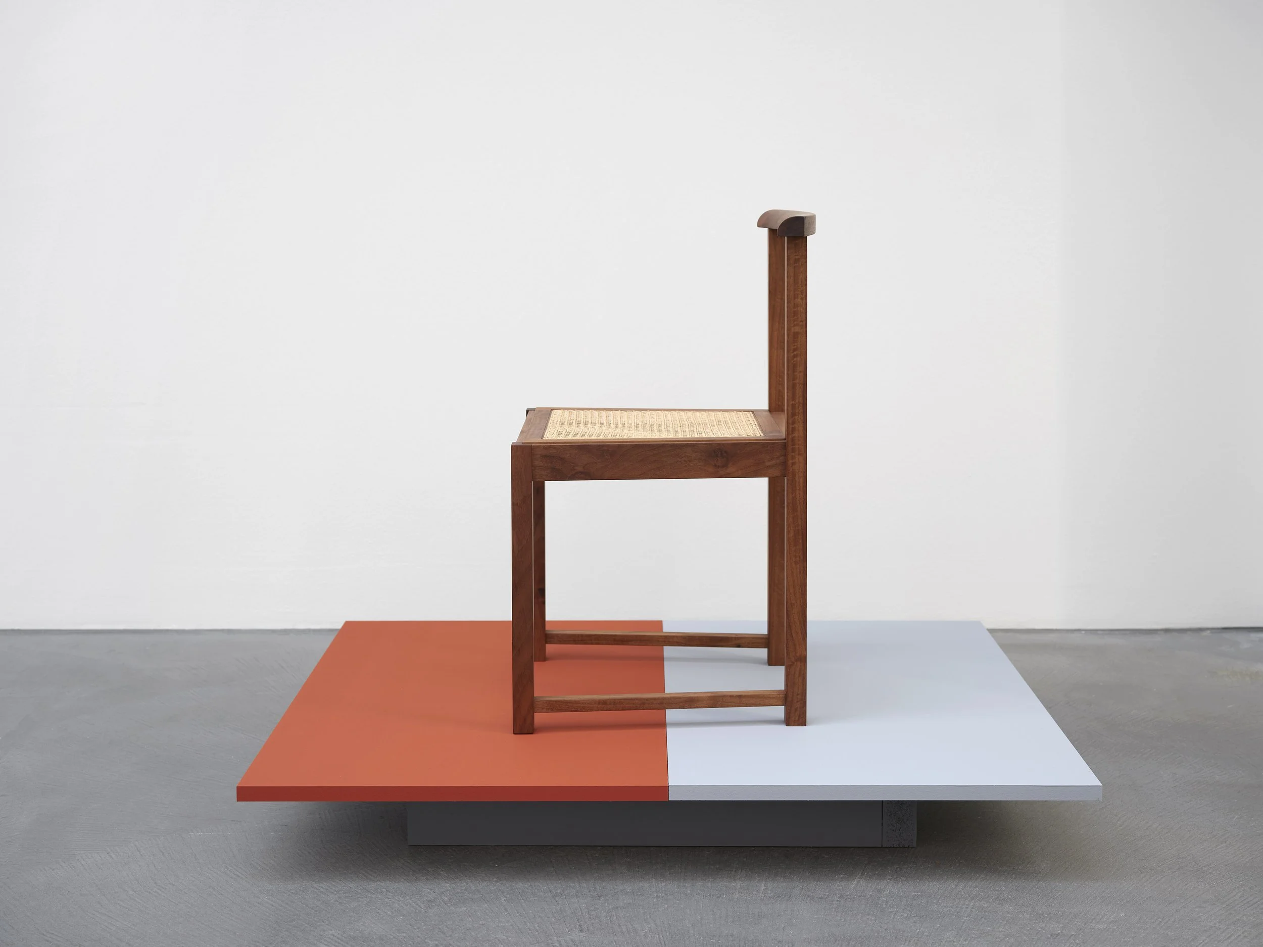 Exhibition view, IHR camille graeser, view of walnut wood chair based on the original by Camille Graeser from 1927, by Bartha, Basel, 2025. Photo: Philipp Hänger / von Bartha