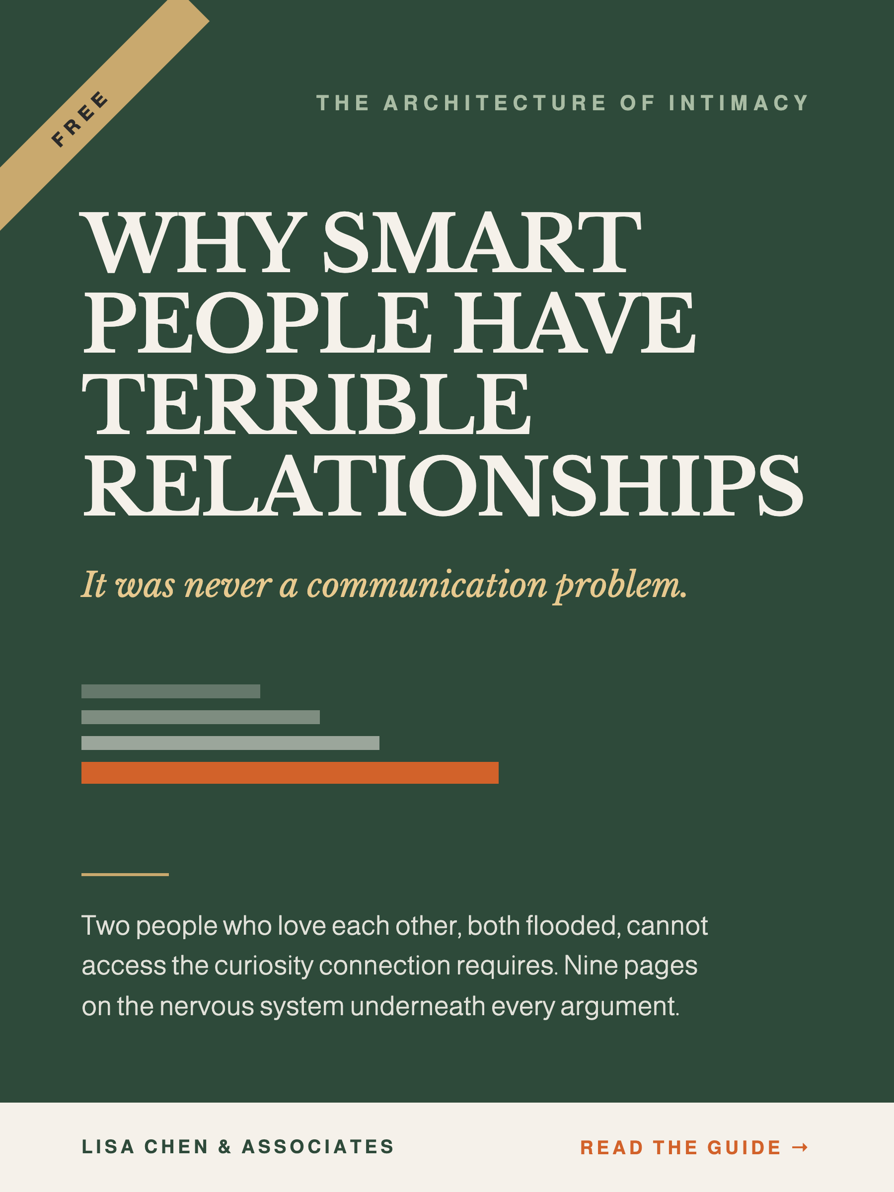 Title: Why Smart People Have Terrible Relationships. Subtitle: It was never a communication problem. Body text: Two people who love each other, both flooded, cannot access the curiosity connection requires. Nine pages on the nervous system underneath every argument. Footer: Lisa Chen & Associates, Read the Guide.
