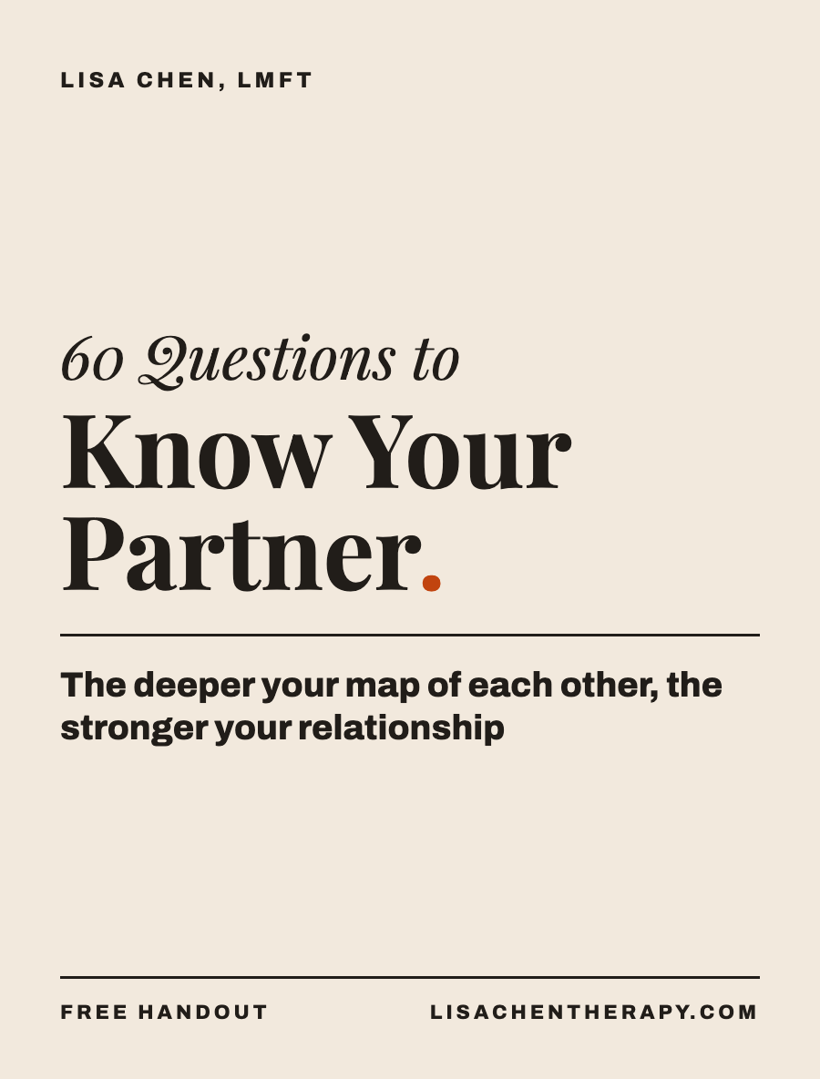 Cover page of a book titled "60 Questions to Know Your Partner" by Lisa Chen, LMFT. The subtitle reads "The deeper your map of each other, the stronger your relationship." The website lisachentherapy.com is at the bottom.