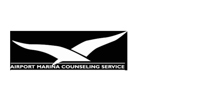 Logo for Airport Marina Counseling Service featuring stylized white bird wings on a black background with the service's name.